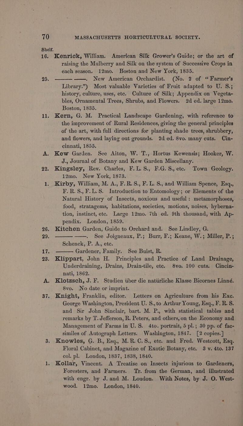 Shelf. 16. 25. 11. 22. 26. 29. 37. Kenrick, William. American Silk Grower’s Guide; or the art of raising the Mulberry and Silk on the system of Successive Crops in each season. 12mo. Boston and New York, 1835. New American Orchardist. (No. 2 of ‘ Farmer’s Library.”) Most valuable Varieties of Fruit adapted to U. S8.; history, culture, uses, etc. Culture of Silk; Appendix on Vegeta- bles, Ornamental Trees, Shrubs, and Flowers. 2d ed. large 12mo. Boston, 1835. Kern, G. M. Practical Landscape Gardening, with reference to the improvement of Rural Residences, giving the general principles of the art, with full directions for planting shade trees, shrubbery, and flowers, and laying out grounds. 2d ed. 8vo. many cuts. Cin- cinnati, 1855. Kew Garden. See Aiton, W. T., Hortus Kewensis; Hooker, W. J., Journal of Botany and Kew Garden Miscellany. Kingsley, Rev. Charles, F.L.S., F.G.S., etc. Town Geology. 12mo. New York, 1873. Kirby, William, M. A., F.R.S., F. L. S., and William Spence, Esgq., _F.R.S.,F.L.S. Introduction to Entomology; or Elements of the Natural History of Insects, noxious and useful : metamorphoses, food, stratagems, habitations, societies, motions, noises, hyberna- tion, instinct, etc. Large 12mo. 7th ed. 9th thousand, with Ap- pendix. London, 1859. Kitchen Garden, Guide to Orchard and. See Lindley, G. —. See Joigneaux, P.; Burr, F.; Keane, W.; Miller, P.; Schenck, P. A., ete. Gardener, Family. See Buist, R. Klippart, John H. Principles and Practice of Land Drainage, Underdraining, Drains, Drain-tile, etc. 8vo. 100 cuts. Cincin- nati, 1862. Klotzsch, J. F. Studien iiber die natiirliche Klasse Bicornes Linné. 8vo. No date or imprint. Knight, Franklin, editor. Letters on Agriculture from his Exc. George Washington, President U. S.,to Arthur Young, Esq., F. R. S. and Sir John Sinclair, bart. M. P., with statistical tables and remarks by T. Jefferson, R. Peters, and others, on the Economy and Management of Farms in U.S. 4to. portrait, 5 pl.; 30 pp. of fac- similes of Autograph Letters. Washington, 1847. [2 copies. ] Knowles, G. B., Esq., M.R. C.8., ete. and Fred. Westcott, Esq. Floral Cabinet, and Magazine of Exotic Botany, etc. 3 v. 4to. 137 col. pl. London, 1837, 1838, 1840. Kollar, Vincent. A Treatise on Insects injurious to Gardeners, Foresters, and Farmers. ‘Tr. from the German, and illustrated with engr. by J. and M. Loudon. With Notes, by J. O. West- wood. 12mo. London, 1840.
