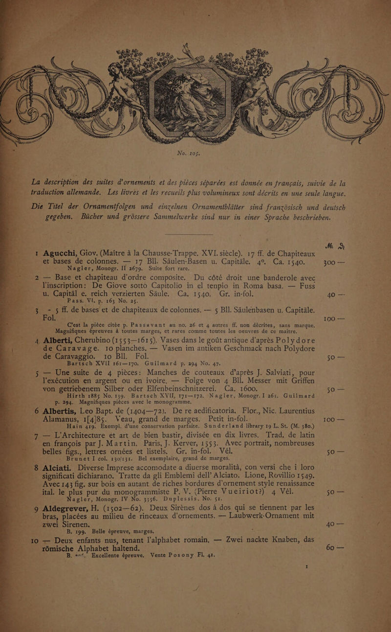 or - i coe No. ros. > _ 1 Agucchi, Giov. (Maitre 4 la Chausse-Trappe. XVI. siécle). 17 ff. de Chapiteaux et bases de colonnes. — 17 Bll. Saulen-Basen u. Capitale. 4° Ca. 1540. $ Nagler, Monogr. II 2679, Suite fort rare. 2 — Base et chapiteau d’ordre composite. Du cété droit une banderole avec Vinscription: De Giove sotto Capitolio in el tenpio in Roma basa. — Fuss u. Capital e. reich verzierten Saule. Ca, 1540. Gr. in-fol. Pass. VI. p, 163 No. 25. 3 - 5 ff. de bases et de chapiteaux de colonnes, — 5 Bll. Saulenbasen u. Capitale. Fol. __ Crest la piéce citée p. Passavant au no, 26 et 4 autres ff. non décrites, sans marque. Magnifiques épreuves 4 toutes marges, et rares comme toutes les oeuvres de ce maitre. 4 Alberti, Cherubino (1553—1615). Vases dans le gout antique d'apres Polydore _ de Caravage. to planches. — Vasen im antiken Geschmack nach Polydore de Caravaggio. io Bll. Fol. _ Bartsch XVII 161—170. Guilmard p. 294 No. 47. 5 — Une suite de 4 piéces: Manches de couteaux d’aprés J. Salviati, pour l'exécution en argent ou en ivoire. — Folge von 4 Bll. Messer mit Griffen von getriebenem Silber oder Elfenbeinschnitzerei. Ca. 1600, Hirth 1885 No. 139. Bartsch XVII, 171—172. Nagler, Monogr.I 261. Guilmard ae p- 294. Magnifiques piéces avec le monogramme, 6 Albertis, Leo Bapt. de (1404—72). De re aedificatoria. Flor., Nic. Laurentius ___ Alamanus, 1[4]85. Veau, grand de marges. Petit in-fol. ' Hain 419. Exempl. d’une conservation parfaite. Sunderland library rg L. St. (M. 380. 45 _ 7 — L’Architecture et art de bien bastir, divisée en dix livres. Trad. de latin en francois par J. Martin. Paris, J. Kerver, 1553. Avec portrait, nombreuses belles figs., lettres ornées et listels, Gr. in-fol. Vél. > - Brunet I col, 130/131. Bel exemplaire, grand de marges. 8 Alciati. Diverse Imprese accomodate a diuerse moralita, con versi che i loro __ significati dichiarano. Tratte da gli Emblemi dell’ Alciato. Lione, Rovillio 1549. Avec 143 fig. sur bois en autant de riches bordures d’ornement style renaissance ital. le plus pur du monogrammiste P. V. (Pierre Vueiriot?) 4 Vél. -. ‘ Nagler, Monogr. IV No. 3356. Duplessis, No. 51. 9 Aldegrever, H. (1502—62). Deux Sirénes dos A dos qui se tiennent par les bras, placées au milieu de rinceaux d’ornements. — Laubwerk-Ornament mit zwei Sirenen. on B, 199. Belle épreuve, marges. yt: 10 — Deux enfants nus, tenant l’alphabet romain, — Zwei nackte Knaben, das rémische Alphabet haltend. B. 7%, Excellente épreuve. Vente Posony Fl, 41. Me. a 300 — 40 — 100;=—= 50:8 5Sa= LOO; age ie 40 — 60 —