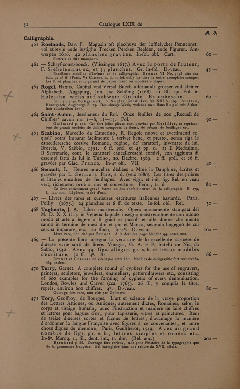 462 463 464 465 466 467 468 469 470 471 vol subtyle ende lustighe Trecken Percken Beelden, ende Figuren, Ant- werpen 1616. 42 planches gravées. In-fol. ob]. Cart. Portrait et titre manquent. — Schryf-const-boeck. (Vlissingen 1617.) Avec le portr. de l’auteur, F. Siehelemans sc., et 33 planches. Gr. in-fol. D.-veau. Excellents modéles d’écriture et de calligraphie. Brunet VI No. 9058 cite une édit. de 16 ff. (Paris, Ve Chereau, s. d., in-fol. obl.) Le titre de notre exemplaire manque. Les ff. et planches sont garnies de papier blanc ou montées s.. papier. Rogel, Hanns. Capital vnd Versal Buech allerhandt grosser vnd kleiner Alphabeth. Augspurg, Joh. Jac. Schénig (1568). 11 BIl. qu. Fol. in Holzschn. weiss auf schwarz. Grunde. Br. unbeschn. Sehr seltenes Vorlagenwerk. S. Nagler, Kiinstl.-Lex. Bd. XIII S. 309. Stetten, Kunstgesch, Augsburgs S. 23. Das einzige Werk, welches man Hans Rogel mit Sicher- heit zuschreiben kann. ; Saint- Aubin, dessinateur du Roi. Onze feuilles de son ,Recueil de Chiffres* savoir no. 1—8, 11—13. Fol. Guilmard p. 211. Ces fort jolies piéces sont gravées par Marillier, et représen- tent de grands modéles de chiffres composés de fleurs, de rubans, de feuillages etc. Scabino, Marcello da Camerino, R. Regole nuove et avertimenti co’ quali’ potra’ imparar facilmente 4 scriver bene, et presto, senza riga le cancelleresche corsive Romane, regine, de’ caratteri, inventate da lui. Brescia, V. Sabbio, 1591. 6 ff. prél. et 43 pp. n. 2) Il Medesimo, Il Secretario, cont. le caratteri cancellereschi corsivi, con aggiunta di essempi fatta da lui in Turino, 20. Decbre. 1589. 2 ff. prél. et 26 ff. gravées par Giac. Franco. In-4° obl. Vél. Senault, L. Heures nouvelles dédi¢es a Mme la Dauphine, écrites et gravées par L. Senault. Paris, s. d. (vers 1680). Les titres des priéres et litanies encadrés de feuillages. Avec vign. et init. fig. Rel. en veau vert, richement orné s, dos et couverture. Ferm., tr. d. Ce livre entigrement gravé forme un des chefs-d’oeuvre de la calligraphie. H. 179, L. 114 mm. Légérem. taché d’eau. — Livres des rares et curieuses escritures italiennes bastarde. Poilly. (1675.) 24 planches et 6 ff. de texte. In-fol. obl. Rel. Tagliente, J. A. Libro maistreuole. Opera nuouamente stampata del M. D. X X iiij. in Venetia laquale insegna maistreuolmente con nuouo modo et arte a legere a li gradi et piccoli et alle donne che niente sanno in termine de mesi doi et piu et Manco, secondo lingegno de cui cercha imparare, etc. 20 finch. In-4°. D.-veau. Livre rare, non cité par Brunet. Ala derniére page blanche qq. notes mss. — Lo presente libro insegna la vera arte de lo excellente scriuere de diuerse varie sorti de litere. Vinegia, G. A. e P. fratelli de Nic. da Sabio, 1542. Avec qq. figs. allégor. gr. s.b. et beaux modéles @Vécriture,) 30 1.45 Br, Brunet et Graesse ne citent pas cette édit. Modéles de calligraphie fort recherchés. Qg. taches. Terry, Garnet. A complete round of cyphers for the use of engravers, painters, sculptors, jewellers, enamellers, patterndrawers etc., consisting of 600 examples for the forming of cyphers of every denomination. London, Bowles and Carver (cca. 1765). 26 ff., y compris le titre, représ, environ 600 chiffres. 4°. D.-veau. Ouvrage fort rare, non cité par Guilmard. Tory, Geoffroy, de Bourges. L’art et science de ]a vraye proportion des Lettres Attiques, ou Antiques, autrement dictes, Romaines, selon le corps et visaige humain, auec linstruction et maniere de faire chiffres et lettres pour bagues d’or, pour tapisserie, vitres et painctures. Item de treize diuerses sortes et facons de lettres, d’avantage la maniére d'ordonner la langue Frangoise avec figures 4 ce convenantes, et autre chose dignes de memoire. Paris, Gaultherot, 1549. Avec un grand nombre de figs. gr. e. b., lettres simples et ornées etc, In-8°. Marog. r., fil., dent. int. tr. dor. (Rel. anc.) Bernhard p, 66. Ouvrage fort curieux, tant pour l’histoire de la Tppoerarie que de la grammaire frangaise. Bel exemplaire dans une reliure du XVII. siécle. Paris. 60 — 45 5a 60 — 90 20a : :. 80 — / f' F _ 30-0 3 4 f PF. 100 — \ i 66 — ; Bo — 200 —