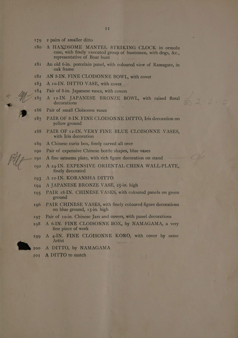 ld ly , 179 180 197 199 200 201 II 2 pairs of smaller ditto A HANDSOME MANTEL STRIKING CLOCK in ormolu case, with finely executed group of huntsmen, with dogs, &amp;c., representative of Boar hunt An old 6-in. porcelain panel, with coloured view of Ramsgate, in oak frame AN 8-IN. FINE CLOISONNE BOWL, with cover A 10o-IN. DITTO VASE, with cover Pair of 8-in. Japanese vases, with covers A 12-IN. JAPANESE BRONZE BOWL, with raised floral decorations Pair of small Cloisonne vases PAIR OF 8-IN. FINE CLOISONNE DITTO, Iris decoration on yellow ground PAIR OF 12-IN, VERY FINE BLUE CLOISONNE VASES, with Iris decoration A Chinese curio box, finely carved all over Pair of expensive Chinese bottle shapes, blue vases A fine satsuma plate, with rich figure decoration on stand A 24-IN. EXPENSIVE ORIENTAL CHINA WALL-PLATE, finely decorated A 22-IN. KORANSHA DITTO A JAPANESE BRONZE VASE, 25-in. high PAIR 18-IN. CHINESE VASES, with coloured panels on green ground PAIR CHINESE VASES, with finely coloured figure decorations on blue ground, 15-in. high Pair of 1o-in. Chinese Jars and covers, with panel decorations A 6-IN. FINE CLOISONNE BOX, by NAMAGAMA, a very fine piece of work A 4-IN. FINE CLOISONNE KORO, with cover by same Artist A DITTO, by NAMAGAMA A DITTO to match