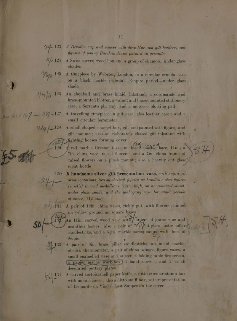 | ys ae art = Diyf- 125 A Dresden cup and saucer with deep blue and gut borders, and figures of young Bacchanalians painted in grisaille of 124 A Swiss carved wood lion and a group of chamois, under. glass shades 7 Sete 125 A timepiece by Webster, London, in a circular ormolu case . on a black marble pedestal—Kmpire period—under glass shade | 4 hb 126 An ebonised and brass inlaid inkstand, a.coromandel and brass-mounted blotter, a walnut and brass-mounted stationery case, a Sorrento pin tray, and a morocco blotting pad SB 4 /b 7 —— Ab] 127. A travelling timepiece in gilt case, also leather case; anda small circular barometer 4] pe A small shaped enamel box, gilt and painted with figure, and (Ao f= 126 fighting horses forming cover Tin. china vase, raised flowers; and a 7in. china frame of scent bottle oe 180 A handsome silver gilt presentation vase, 1 ith engrar edd te S I _— _ ornamentations, two symbolical figures as handles ; also figures in relief in oval medallions, 22in. high, on an ebonised stand, under glass shade, ‘and the mahogany case for same (weight % y of silver, 112 02s.) | +15 BY). 31 A pair of 12in. china vases, richly gilt, with flowers painted : >. on yellow ground on square ete: An llin. carved wood vase wire 1 3] s of grape vine nes, acanthus leaves; also a pair of Gi Scipio PR 133° A pair of 8in. brass ‘pillar’ candlesticks, an ‘inlaid marble 5p obelisk thermometer, a pair of china winged figure vases, a small enamelled vase and saucer, a ‘folding table fire screen, (a papier mache work-box } 3 hand: screens, and 3. small decorated pottery plates ‘ ke 134 A carved tortoiseshell paper knife, a ditto circular stamp box \- with mosaic cover ; also a ditto snuff box, with representation of Leonardo da Vincis’ Last Supper‘on the cover ‘pat “wo
