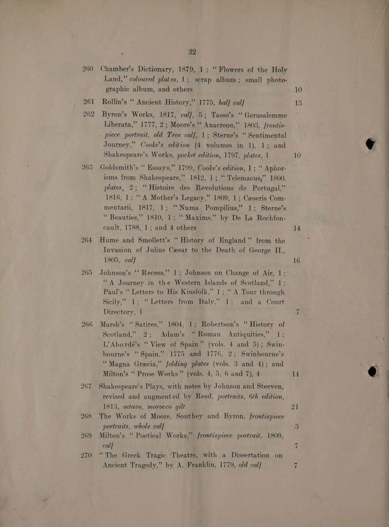 260 263 264 266 267 Chamber’s Dictionary, 1879, 1 ; “ Flowers of the Holy Land,” coloured plates, 1; scrap album; small photo- Rollin’s “ Ancient History,” 1775, half calf Byron’s Works, 1817, calf, 5; Tasso’s ‘‘ Gerusalemme Liberata,” 1777, 2; Moore’s “ Anacreon,” 1803, jrontis- prece portrait, old Tree calf, 1; Sterne’s ‘‘ Sentimental Journey,” Cooke's edition (4 volumes in 1), 1; and Shakespeare’s Works, pocket edition, 1797, plates, 1 roldsmith’s “ Essays,” 1799, Cooke’s edition, 1 ; ‘‘ Aphor- isms from Shakespeare,” 1812, 1; ‘‘ Telemacus;” 1800, plates, 2; “‘ Histoire des Revolutions de Portugal,” 1816, 1; “A Mother’s Legacy,” 1809, 1; Czseris Com- mentari, 1817, 1; “Numa Pompilius,’ 1; Sterne’s ** Beauties,” 1810, 1; “‘ Maxims,” by De La Rochfon- cault, 1788, 1; and 4 others Hume and Smollett’s “ History of England” from the Invasion of Julius Cesar to the Death of George IT., 1805, calf Johnson’s “* Recess,’ 1; Johnson on Change of Air, 1; “A Journey in the Western Islands of Scotland,” 1; Paul’s “ Letters to His Kinsfolk,” 1; “ A Tour through Sicily,’ 1; “Letters from Italy,’ 1; and a Court Directory, | | Marsh’s “‘ Satires,”’ 1804, 1; Robertson’s “ History of Scotland,’ 2; Adam’s “Roman Antiquities,” 1; L’Abordé’s “ View of Spain” (vols. 4 and 5); Swin- bourne’s “Spain,” 1775 and 1776, 2; Swinbourne’s “Magna Grecia,” folding plates (vols. 3 and 4); and Milton’s “‘ Prose Works” (vols. 4, 5, 6 and 7), 4 Shakespeare’s Plays, with notes by Johnson and Steeven, revised and augmented by Reed, portraits, 6th edition, 1813, octavo, morocco gilt The Works of Moore, Southey and Byron, frontispiece portraits, whole calf Milton’s ‘‘ Poetical Works,” frontispiece portrait, 1809, cal} “The Greek Tragic ‘Theatre, with a Dissertation on Ancient Tragedy,” by A, Franklin, 1779, old cal} 10 14 16 ~ 14 C9 “I