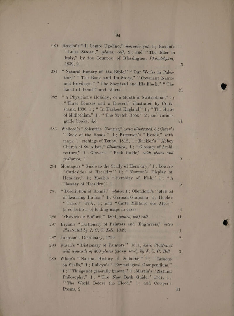 281 282 284 285 24 Rossini’s “ I] Comte Ugolino,’’ morocco gilt, 1; Rossini’s “Luisa Strozzi,” plates, calf, 2; and “The Idler in Italy,” by the Countess of Blessington, Philadelphia, 1839, 2 “Natural History of the Bible,’ ‘‘ Our Works in Pales- tine,’ “The Book and Its Story,” “ Covenant Names and Privileges,” “ The Shepherd and His Flock,” ‘‘ The Land of Israel,” and others “A Physician’s Holiday, or a Month in Switzerland,” 1 ; “Three Courses and a Dessert,’ illustrated by Cruik- shank, 1830, 1 ; “* In Darkest England,” 1; “‘ The Heart of Midlothian,” 1 ; “‘ The Sketch Book,” 2; and various guide books, &amp;c. Walford’s “ Scientific Tourist,” extra wlustrated, 3 ; Carey’s ‘“ Book of the Roads,’ 1; Patterson’s “ Roads,” with maps, | ; etchings of Tenby, 1812, 1; Buckler’s “‘ Abbey Church of St. Alban,” adlustrated, 1; “ Glossary of Archi- tecture,’ 1; Glover’s “ Peak Guide,” with plates and pedigrees, 1 Montagu’s “‘ Guide to the Study of Heraldry,” | ; Lower’s “Curiosities of Heraldry,’ 1; “ Newton’s Display of Heraldry,” 1; Moule’s “Heraldry of Fish,’ 1; “A Glossary of Heraldry,” 1 ‘ Description of Reims,” plates, | ; Ollendorfi’s “‘ Method of Learning Itahan,’ 1; German Grammar, |; Hoole’s ‘Tasso,’ 1797, 1; and “Carte Militaire des Alpes” (a collectio n of folding maps in case) “ (Huvres de Buffons,”’ 1804, plates, hal cal} Bryan’s “ Dictionary of Painters and Engravers,” extra dlustrated by J. C. C. Bell, 1849, Johnson’s Dictionary, 1799 9 Fuseli’s ‘‘ Dictionary of Painters,” 1810, extra illustrated with upwards of 400 plates (many rare), by J.C. C. Bell White’s “‘ Natural History of Selborne,’ 2; ‘* Lessons on Shells,” 1; Pulleyn’s “ Etymological Compendium,” 1 ; “ Things not generally known,” | ; Martin’s “‘ Natural Philosophy,’ 1; “The New Bath Guide,” 1767, 1; “The World Before the Flood,’ 1; and Cowper’s Poems, 2 | C1 3) a= | ee) 1]