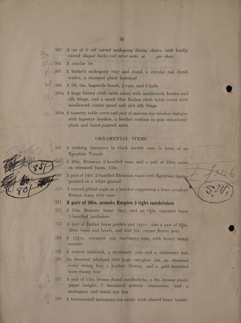 “30 : 363 A set of 6 old carved mahogany dining chairs, with boldly- . carved shaped backs and velvet seats, at per chair 364 A similar Tot 9 - 365 A butler’s mahogany tray and stand, a circular oak dumb waiter, a stamped plush footstool - 566 A 7h. 6in. bagatelle board, 2 cues, and 9 balls g 366A A large brown cloth table cover with needlework border and silk fringe, and a small blue Italian cloth table cover with needlework centre panel and rich silk fringe 366B A tapestry table cover and pair of marone rep window curtains with tapestry borders, a feather cushion in pale strawberry plush and hand-painted satin ORNAMENTAL ITEMS. A striking timepiece in black marble case, in form of an Kgyptian Temple ) A 20in. Etruscan 2-handled vase, and a pair of ditto vases... on ebonised bases, 15in. a rj pp 4 = A pair of 14in, 2-handled Etruscan vases with Egyptian figures ~ RP. ie cee painted on a white ground el ay A carved gilded eagle on a bracket supporting a brass pendant Roman lamp with vase A pair of 26in. ormolu Empire 3-light candelabra 72 A 15in. Benares brass tray, and an 8in, repoussé brass 2-handled jardiniere 373 A pair of Indian brass goblets and trays ; also a pair of 44in. @ ditto vases and bowls, and four 4in. copper flower pots : 374 A 123in. wainscot oak stationery case, with heavy metal mounts A walnut inkstand, a stationary case and a stationery box 376 An ebonised inkstand with large cut-glass ink, an ebonised ivory string box, a leather blotter, and a gold mounted horn stamp box 377 A pair of 13in. bronze fluted candlesticks, a 9in. bronze shield A, paper weight, 7 decorated pottery ornaments, and a mahogany and inlaid key box A tortoiseshell mahogany tea caddy with chased brass handle