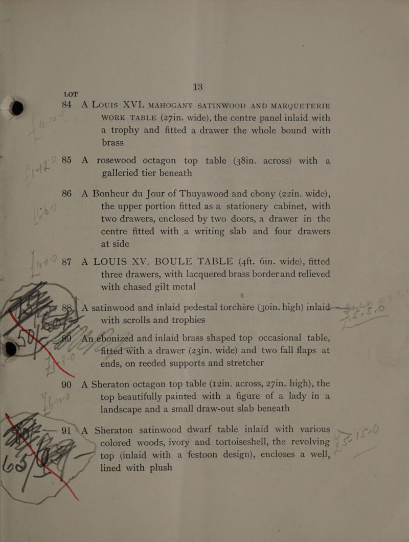 LOT @ 84 A Louis XVI. MAHOGANY SATINWOOD AND MARQUETERIE WORK TABLE (27in. wide), the centre panel inlaid with a trophy and fitted a drawer the whole bound with brass ' 85 A rosewood octagon top table (38in. across) with a galleried tier beneath 86 A Bonheur du Jour of Thuyawood and ebony (22in. wide), the upper portion fitted as a stationery cabinet, with two drawers, enclosed by two doors, a drawer in the centre fitted with a writing slab and four drawers at side { | _|,0% 87 A LOUIS XV. BOULE TABLE (ft. 6in. wide), fitted = three drawers, with lacquered brass borderand relieved with chased gilt metal with scrolls and trophies ®, fodnigda and inlaid brass shaped top occasional table, Y fitted with a drawer (23in. wide) and two fall flaps at ends, on reeded supports and stretcher 90 A Sheraton octagon top table (12in. across, 27in. high), the | top beautifully painted with a figure of a lady in a 9) landscape and a small draw-out slab beneath SY _/ lined with plush Ps \* ;
