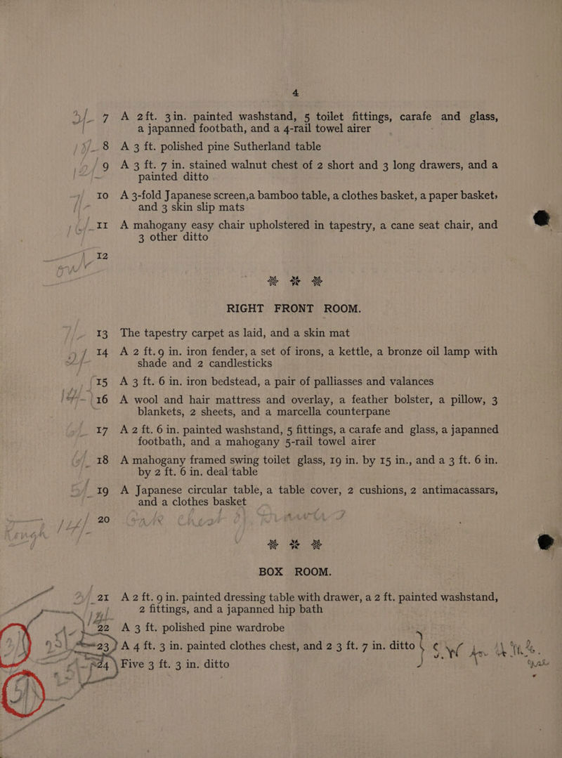 ‘|. 7 A 2ft. 3in. painted washstand, 5 toilet fittings, carafe and _ glass, a a japanned footbath, and a 4-rail towel airer : 8 A 3 ft. polished pine Sutherland table 9 A 3 ft. 7 in. stained walnut chest of 2 short and 3 long drawers, and a painted ditto 10 A 3-fold Japanese screen,a bamboo table, a clothes basket, a paper basket; and 3 skin slip mats VEvoRee mahogany easy chair upholstered in tapestry, a cane seat chair, and 3 other ditto I2 x“ TS sf vx Me RIGHT FRONT ROOM. 13 The tapestry carpet as laid, and a skin mat » / 14 A 2 ft.g in. iron fender, a set of irons, a kettle, a bronze oil lamp with | shade and 2 candlesticks 15 A 3 ft. 6 in. iron bedstead, a pair of palliasses and valances Eff 16 A wool and hair mattress and overlay, a feather bolster, a pillow, 3 | blankets, 2 sheets, and a marcella counterpane 17 A2ft. 6 in. painted washstand, 5 fittings, a carafe and glass, a japanned footbath, and a mahogany 5-rail towel airer Ba mahogany framed swing toilet glass, 19 in. by 15 in., and a 3 ft. 6 in. : by 2 ft. 6 in. deal table 19 A Japanese circular table, a table cover, 2 cushions, 2 antimacassars, and a clothes basket / 20 te + &amp; BOX ROOM. A 2 ft. 9 in. painted dressing table with drawer, a 2 ft. painted washstand, 2 fittings, and a japanned hip bath A 3 ft. polished pine wardrobe : in. di A\ % Q ne £e+53 tim pein clothes chest, and 2 3 ft. 7 in. ditto) ¢ NC Ave AN Ti. Five 3 ft. 3 in. ditto ) ke ¥