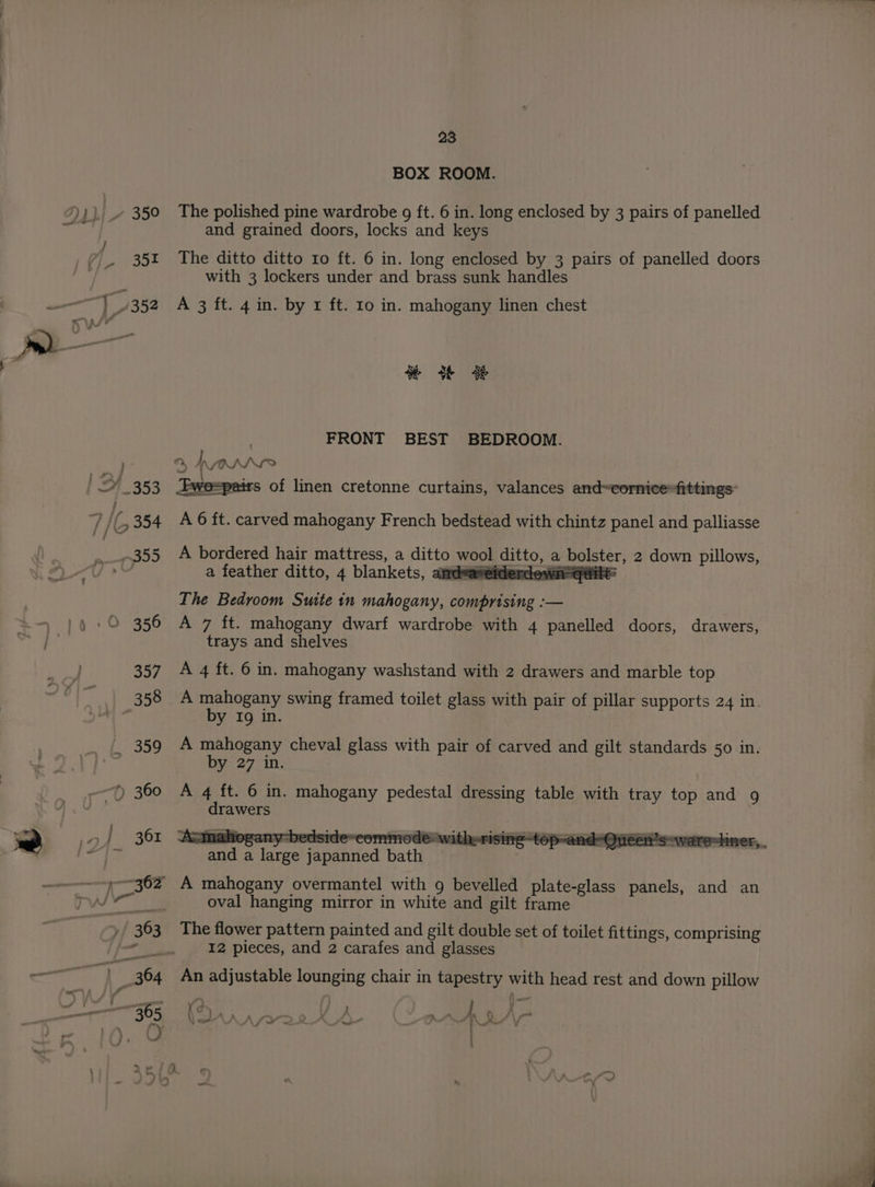 BOX ROOM. The polished pine wardrobe g ft. 6 in. long enclosed by 3 pairs of panelled and grained doors, locks and keys The ditto ditto 1o ft. 6 in. long enclosed by 3 pairs of panelled doors with 3 lockers under and brass sunk handles A 3 ft. 4 in. by 1 ft. 10 in. mahogany linen chest % tt | FRONT BEST BEDROOM. a f SfOASIS wo=pairs of linen cretonne curtains, valances and~cornice»fittings” A 6 ft. carved mahogany French bedstead with chintz panel and palliasse A bordered hair mattress, a ditto wool ditto, a bolster, 2 down pillows, a feather ditto, 4 blankets, amdsateidendewn=quile The Bedroom Suite in mahogany, comprising :— A 7 ft. mahogany dwarf wardrobe with 4 panelled doors, drawers, trays and shelves A 4 ft. 6 in. mahogany washstand with 2 drawers and marble top A mahogany swing framed toilet glass with pair of pillar supports 24 in. by Ig in. A mahogany cheval glass with pair of carved and gilt standards 50 in. by 27 in. A 4 ft. 6 in. mahogany pedestal dressing table with tray top and 9g drawers mahogan 7-bedside*conr ode wk and a large japanned bat oval hanging mirror in white and gilt frame The flower pattern painted and gilt double set of toilet fittings, comprising I2 pieces, and 2 carafes and glasses An adjustable lounging chair in tapestry with head rest and down pillow Jw « O = a - - 4 a q : , 7 ¥ } A » » ——— ’ \ fr’ “ x Hn f i\ \\ ow \/ ‘ et fra NE