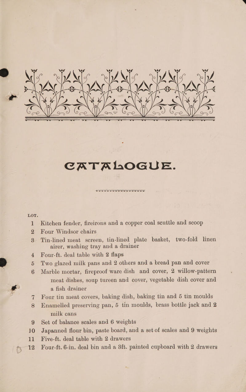 “ 3s ra NOS NOG Veg AY 4 roe NOG NOG de PAS 83 % LOT. CATA OGUE. Vwvwv vv Kitchen fender, fireirons and a copper coal scuttle and scoop Four Windsor chairs Tin-lined meat screen, tin-lined plate basket, two-fold linen airer, washing tray and a drainer Four-ft. deal table with 2 flaps Two glazed milk pans and 2 others and a bread pan and cover Marble mortar, fireproof ware dish and cover, 2 willow-pattern meat dishes, soup tureen and cover, vegetable dish cover and a fish drainer Four tin meat covers, baking dish, baking tin and 5 tin moulds Enamelled preserving pan, 5 tin moulds, brass bottle jack and 2 milk cans Set of balance scales and 6 weights Japanned flour bin, paste board, and a set of scales and 9 weights Five-ft. deal table with 2 drawers Four-ft. 6-in. deal bin and a 3ft. painted cupboard with 2 drawers