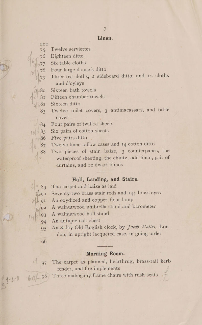 b %y 97 Linen. Twelve serviettes HKighteen ditto Six table cloths Four large damask ditto Three tea cloths, 2 sideboard ditto, and 12 cloths and d’oyleys Sixteen bath towels Fifteen chamber towels Sixteen ditto Twelve toilet covers, 3 antimacassars, and table cover Z Four pairs of twilled sheets Six pairs of cotton sheets Five pairs ditto , Twelve linen pillow cases and 14 cotton ditto Two pieces of stair baize, 3 counterpanes, the waterproof sheeting, the chintz, odd linen, pair of curtains, and 12 dwarf blinds Hall, Landing, and Stairs. The carpet and baize as laid Seventy-two brass stair rods and 144 brass eyes An oxydized and copper floor lamp A walnutwood umbrella stand and barometer A walnutwood hall stand An antique oak chest An 8-day Old English clock, by Jacob Wallis, Lon- don, in upright lacquered case, in going order Morning Room. The carpet as planned, hearthrug, brass-rail kerb fender, and fire implements Three mahogany-frame chairs with rush seats .