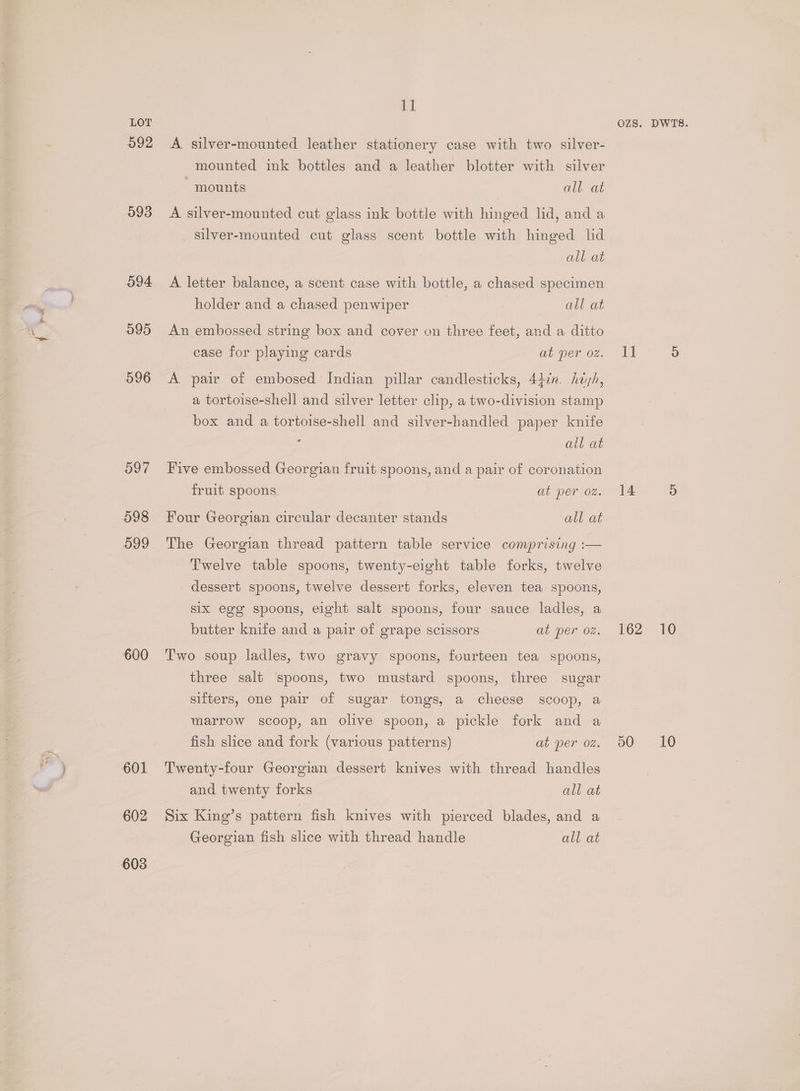 ps 592 5093 O94 595 597 599 600 602 al A silver-mounted leather stationery case with two silver- mounted ink bottles and a leather blotter with silver mounts all at A silver-mounted cut glass ink bottle with hinged lid, and a silver-mounted cut glass scent bottle with hinged lid all at A letter balance, a scent case with bottle, a chased specimen holder and a chased penwiper all at An embossed string box and cover on three feet, and a ditto case for playing cards at per 02. A pair of embosed: Indian pular candlesticks, 447n. hayh, a tortoise-shell and silver letter clip, a two-division stamp box and a tortoise-shell and silver-handled paper knife ¢ all at Five embossed Georgian fruit spoons, and a pair of coronation fruit spoons at per 0%. Four Georgian circular decanter stands all at The Georgian thread pattern table service comprising :— Twelve table spoons, twenty-eight table forks, twelve dessert spoons, twelve dessert forks, eleven tea spoons, six egg spoons, eight salt spoons, four sauce ladles, a butter knife and a pair of grape scissors at per oz. Two soup ladles, two gravy spoons, fourteen tea spoons, three salt spoons, two mustard spoons, three sugar sifters, one pair of sugar tongs, a cheese scoop, a marrow scoop, an olive spoon, a pickle fork and a fish slice and fork (various patterns) at per oz. Twenty-four Georgian dessert knives with thread handles and twenty forks all at Six King’s pattern fish knives with pierced blades, and a Georgian fish slice with thread handle all at 11 5 14 5 162. 10 50 = 10