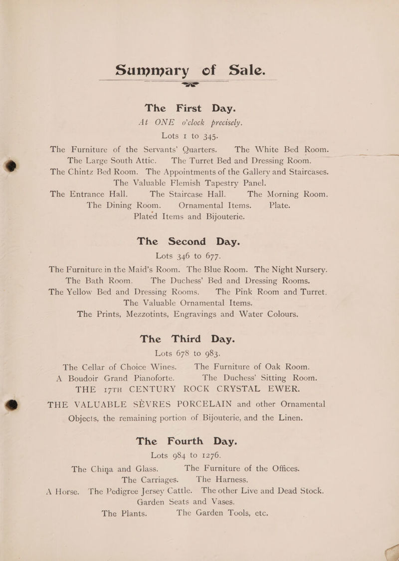 Summary of Sale. — | The First Day. At ONE o’clock precisely. Lots 1 t0-345. The Large South Attic. | The Turret Bed and Dressing Room. The Valuable Flemish Tapestry Panel. The Entrance Hall. The Staircase Hall. The Morning Room. The Dining Room. Ornamental Items. Plate. Plated Items and Bijouterie. The Second Day. Lots 346 to 677. The Bath Room. The Duchess’ Bed and Dressing Rooms. The Yellow Bed and Dressing Rooms. The Pink Reom “and ‘Tumet, | The Valuable Ornamental Items. The Prints, Mezzotints, Engravings and Water Colours. The Third Day. Lots 678 to 983. The Cellar of Choice Wines. The Furniture of Oak Room. A Boudoir Grand Pianoforte. The Duchess’ Sitting Room. Pee -i7ie CENTURY KOCK CRYSIAL FEWER. THE VALUABLE SEVRES PORCELAIN and other Ornamental Objects, the remaining portion of Bijouterie, and the Linen. The Fourth Day. Lots 984 to 1276. The China and Glass. The Furniture of the Offices. The Carriages. The Harness. A Horse. The Pedigree Jersey Cattle. The other Live and Dead Stock. Garden Seats and Vases. The Plants. The Garden Tools, etc.
