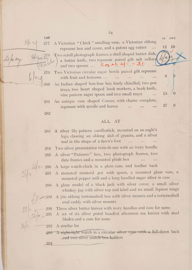 | 7 i Lor co | 1 a ; ; ; : OZ DWT. i je ©) 977A Victorian “Chick ” smelling vase, a Victorian oblong | a repoussé box and cover, and a patent egg cutter... 12 , | | Ae 278 Two scroll photograph frames, a shell shaped butter dish, | : nh OF os kw fhe, LAA. Ly : ; A P . | A+ /= Oxy cat y } a butter knife, two repousse parcel gilt salt cellars’ pe ¥ 3 — ¢ Svs / and two spoons ... 5 ew AX, + e ie ! | ~ 979 Two Victorian circular sugar bowls parcel gilt repousse | aka, with fruit and festoons ... = we a, ee 8 —- > 980 An Indian shaped bon-bon box finely chiselled, two pen | - y, ie trays, two heart shaped book markers, a book knife, vine pattern sugar spoon and two small trays <a) Laie ! 981 An antique vase shaped Censer, with chains complete, repoussé with scrolls and leaves oS a oe) cio AL Lagat 983 A silver lily pattern candlestick, mounted on an eagle’s legs, clawing an oblong slab of granite, and a silver seal in the shape of a fawn’s foot 284 Two silver presentation trowels one with an ivory handle 985 <A silver “Patience” box, two photograph frames, two date frames and a mounted plush box é~ 286 A large watch-clock in a plain case, and leather back wre 987 A mounted mustard pot with spoon, a mounted glass vase, a mounted pepper mill and a long handled sugar sifter in case 988 A glass model of a black jack with silver cover, a small silver whiskey jug with silver top and label and six small liqueur mugs ~» #289 <A 7in. oblong tortoiseshell box with silver mounts anda tortoiseshell oval caddy with silver mounts = ere —~ aa antnaioa aes ae i era en naan WAP 990 Three silver butter knives with ivory handles and case for same Dysjg_ 291 A set of six silver pistol handled afternoon tea knives with steel blades and a case for same AL ——~992, A similar lot 293—A-night-lightwatch in a circular-silver-case=with~a—fall-down back _-and-twosilver matct~box-holders ee.