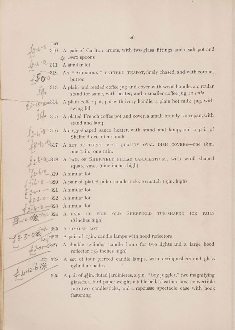 jie —319 16° 6 —820 f pers 321 ia 9. 07 322 Le ey, TOf> BA ot — ox : A Lo) © ON £ ral 60/- 325 c 2 0 fe ‘i A, 2 3 Bea 826 26 A pair of Carlton cruets, with two glass fittings, and a salt pot and A similar lot An “ABERCORN” PATTERN TEAPOT, finely chased, and with coronet button A plain and reeded coffee jug and cover with wood handle, a circular stand for same, with heater, and a smaller coffee jug, em sutte A plain coffee pot, pot with ivory handle, a plain hot milk jug, with swing lid | A plated French coffee pot and cover, a small brandy saucepan, with stand and lamp An egg-shaped sauce heater, with stand and lamp, and a pair of Sheffield decanter stands one I8in. A SET OF THREE BEST QUALITY OVAL DISH COVERS one I4in., one 12in. A PAIR OF SHEFFIELD PILLAR CANDLESTICKS, with scroll shaped square vases (nine inches high) A similar lot A pair of plated pillar candlesticks to match ( gin. high) A similar lot A similar lot A similar lot ICE’ RaILS A PAIR OF FINE OLD SHEFFIELD TUB-SHAPED (8 inches high) A SIMILAR LOT A pair of 13in. candle lamps with hood reflectors A double cylinder candle lamp for two lights and a large hood reflector 134 inches high) A set of four pierced candle lamps, with extinguishers and glass cylinder shades A pair of 44in. fluted jardinieres, a gin. “ boy juggler,” two magnifying glasses, a bird paper weight, a table bell, a leather box, convertible into two candlesticks, and a repousse spectacle case with hook fastening