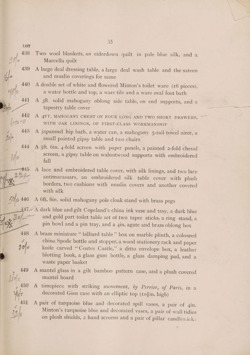 ; 488 Two wool blankets, an eiderdown quilt in pale blue silk, and a ile Marcella quilt 439 A large deal dressing table, a large deal wash table and the sateen be and muslin coverings for same j 440 A double set of white and flowered Minton’s toilet ware (16 pieces), «Rs a water bottle and top, a ware tile and a ware oval foot bath 441 A 3ft. solid mahogany oblong side table, on end supports, and a B, —_!, tapestry table cover 442 A 4FT. MAHOGANY CHEST OF FOUR LONG AND TWO SHORT DRAWERS, blo a4 WITH OAK LININGS, OF FIRST-CLASS WORKMANSHIP S 443 A japanned hip bath, a water can, a mahogany 5-rail towel airer, a tele small painted gipsy table and two chairs 444 A 5ft. bin. 4-fold screen with paper panels, a painted 2-fold cheval rd, screen, a gipsy table on walnutwood supports with embroidered 5h fall A lace and embroidered table cover, with silk linings, and two lace antimacassars, an embroidered silk table cover with plush borders, two cushions with muslin covers and another covered with silk hie 446 A Oft. 6in. solid mahogany pole cloak stand with brass pegs i - 4 447. A dark blue and gilt Copeland’s china ink vase and tray, a dark blue Bo | “~ and gold part toilet table set of two taper sticks, a ring stand, a Poh pin bowl and a pin tray, and a 4in. agate and brass oblong box 1K . 448 A brass miniature “ billiard table” box on marble plinth, a coloured S china Spode bottle and stopper, a wood stationery rack and paper 90/¢ knife carved ‘‘Coates Castle,” a ditto envelope box, a leather blotting book, a glass gum bottle, a glass damping pad, and a waste paper basket 449 A mantel glass in a gilt bamboo pattern case, and a plush covered IGE mantel board | , 450° A timepiece with striking movement, by Perrier, of Paris, in a ie decorated Gien case with an elliptic top (rodin. high) _ 451 A pair of turquoise blue and decorated spill vases, a pair of 4in. ‘a | Minton’s turquoise blue and decorated vases, a pair of wall tidies se ¢ ne ad on. plush shields, 2 hand screens and a pair of pillar candlesticl X35