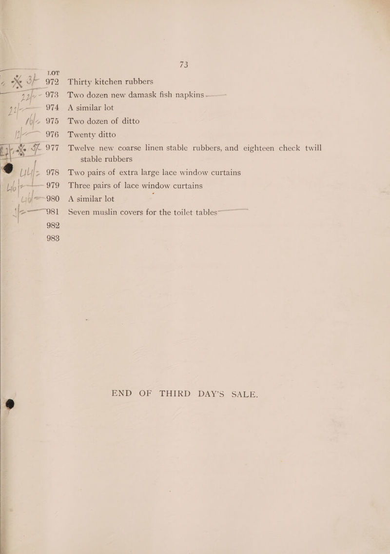 ie a, ., Lor a xX 3f 972 Thirty kitchen rubbers gg “a yf: ~ 973 Two dozen new damask fish napkins - 4yjle—— 974. A similar lot hf. 975 Two dozen of ditto ()j— 976 Twenty ditto ne / aXe f 977 Twelve new coarse linen stable rubbers, and eighteen check twill stable rubbers @ ULy} Two pairs of extra large lace window curtains Lib |-—+ ~~ 979 Three pairs of lace window curtains ‘Uig@=-980 A similar lot ‘2-981 Seven muslin covers for the toilet tables Paw OF THIRD: DAYS SALE.