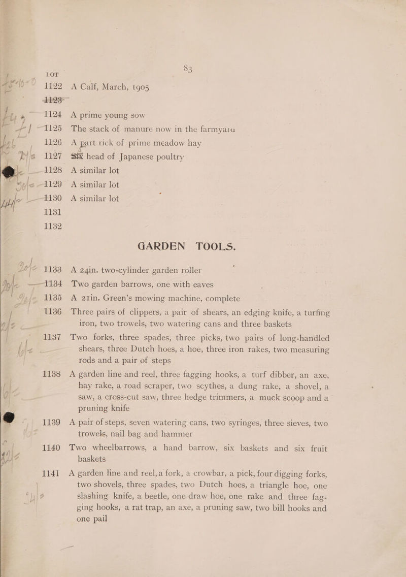 1122 1124 1125 1126 1127 1128 L131 1132 1135 1136 1137 1138 A Cali, March,-1905 A prime young sow The stack of manure now in the farmyaru A part rick of prime meadow hay Sik head of Japanese poultry A similar lot A similar lot A similar lot GARDEN TOOLS. A 24in. two-cylinder garden roller Two garden barrows, one with eaves A 2iin. Green’s mowing machine, complete Three pairs of clippers, a pair of shears, an edging knife, a turfing iron, two trowels, two watering cans and three baskets Two forks, three spades, three picks, two pairs of long-handled shears, three Dutch hoes, a hoe, three iron rakes, two measuring rods and a pair of steps A garden line and reel, three fagging hooks, a turf dibber, an axe, hay rake, a road scraper, two scythes, a dung rake, a shovel, a saw, a cross-cut saw, three hedge trimmers, a muck scoop and a pruning knife | A pair of steps, seven watering cans, two syringes, three sieves, two trowels, nail bag and hammer Two wheelbarrows, a hand barrow, six baskets and six fruit baskets A garden line and reel,a fork, a crowbar, a pick, four digging forks, two shovels, three spades, two Dutch hoes, a triangle hoe, one slashing knife, a beetle, one draw hoe, one rake and three fag- ging hooks, a rat trap, an axe, a pruning saw, two bill hooks and one pail