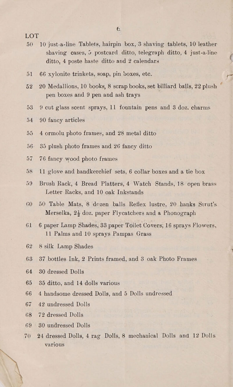 G: LOT 50 10 just-a-line Tablets, hairpin box, 3 shaving tablets, 10 leather shaving cases, ¥ postcard ditto, telegraph ditto, 4 just-a-line ditto, 4 poste haste ditto and 2 calendars 51 66 xylonite trinkets, soap, pin voxes, etc. 52 20 Medallions, 10 books, 8 scrap books, set billiard balls, 22 plush “ pen boxes and 9 pen and ash trays 538 9 cut glass scent sprays, 11 fountain pens and 3 doz. charms 54 90 fancy articles | 55 4 ormolu photo frames, and 28 metal ditto 56: $85 plush photo frames and 26 fancy ditto 58 11 glove and handkerchief sets. 6 collar boxes and a tie box 99 Brush Rack, 4 Bread Platters, 4 Watch Stands, 18. open brass Letter Racks, and 10 oak Inkstands 60 50 Table Mats, 8 dozen balls Reflex lustre, 20 hanks Sirut’s Merselka, 24 doz. paper Flycatchers and a Phonograph 11 Palms and 10 sprays Pampas Grass 62 8 silk Lamp Shades 63 37 bottles Ink, 2 Prints framed, and 3 oak Photo Frames 64 30 dressed Dolls 65 35 ditto, and 14 dolls various 66 4 handsome dressed Dolls, and 5 Dolls undressed 67 42 undressed Dolls 68 72 dressed Dolls 69 380 undressed Dolls 70 24 dressed Dolls, 4 rag Dolls, 8 mechanical Dolls and 12 Dolls various lar: