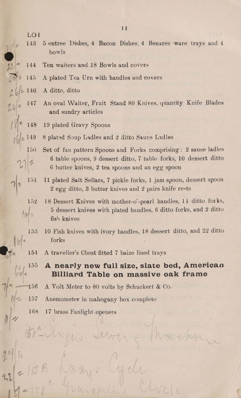 bowls Ten waiters and-18 Bowls and covers A plated Tea Urn with handles and covers A ditto, ditto An oval Waiter, Fruit Stand 80 Knives, quantity Knife Blades and sundry articles 19 plated Gravy Spoons 8 plated Soup Ladles and 2 ditto Sauce Ladles Set of fan pattern Spoons and Forks comprising: 2 sauce ladles 6 table spoons, 9 dessert ditto, 7 table forks, 10 dessert ditto 6 butter knives, 2 tea spoons and an egg spoon i plated Salt Sellars, 7 pickle forks, 1 jam spoon, dessert spoon 2 egg ditto, 3 butter knives and 2 pairs knife rests 18 Dessert Knives with mother-o’-pear| handles, 14 ditto forks, 5 dessert knives with plated handles, 6 ditto forks, and 2 ditto fish knives 10 Fish knives with ivory handles, 18 dessert ditto, and 22 ditto forks A traveller's Chest fitted 7 baize lined trays A nearly new full size, slate bed, American Billiard Table on massive oak frame A Volt Meter to 80 volts by Schuckert &amp; Co.. Anemometer in mahogany box complete 17 brass Fanlight openers