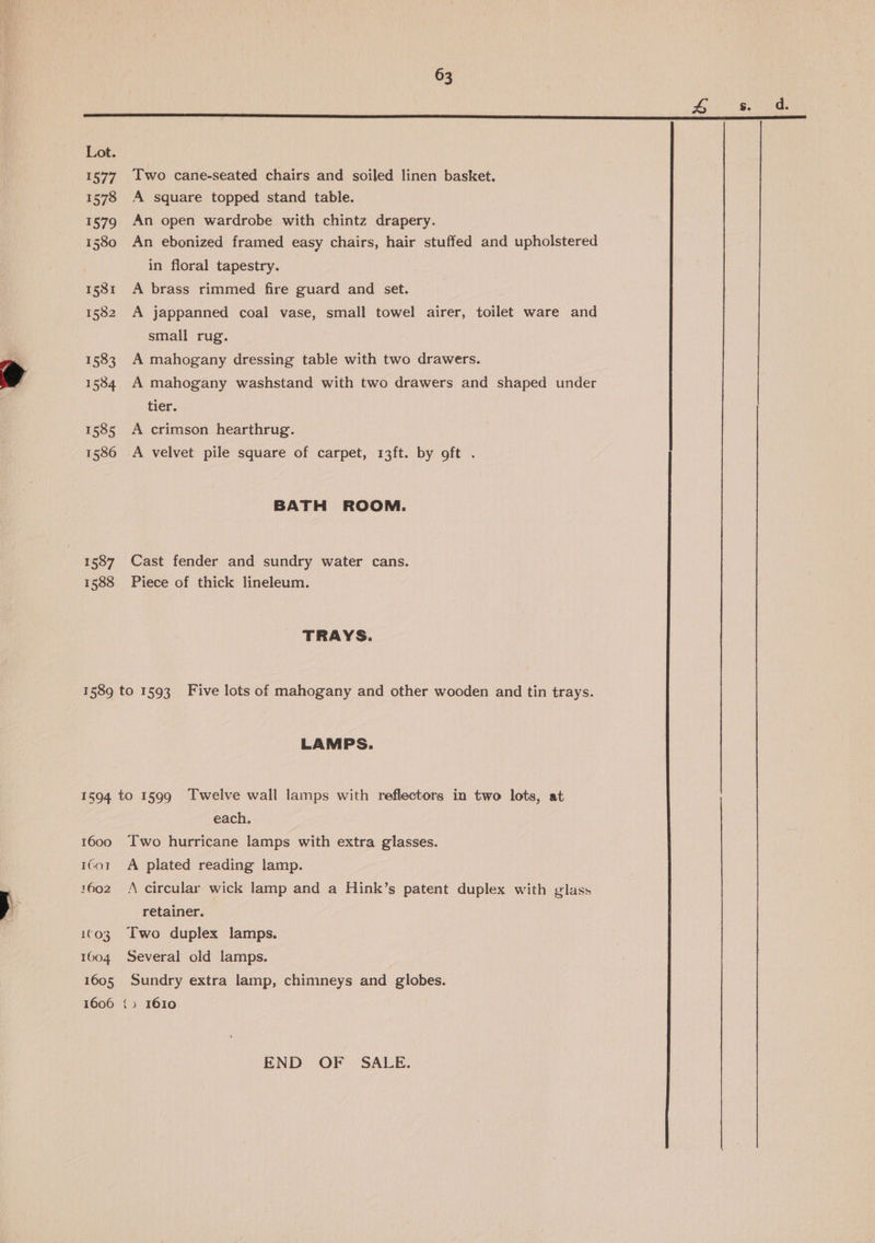 Lot. 1577 Two cane-seated chairs and soiled linen basket. 1578 A square topped stand table. 1579 An open wardrobe with chintz drapery. 1580 An ebonized framed easy chairs, hair stuffed and upholstered in floral tapestry. 1581 A brass rimmed fire guard and set. 1582 A jappanned coal vase, small towel airer, toilet ware and small rug. 1583. A mahogany dressing table with two drawers. 1584 A mahogany washstand with two drawers and shaped under tier. 1585 <A crimson hearthrug. 1586 A velvet pile square of carpet, 13ft. by oft . BATH ROOM. 1587 Cast fender and sundry water cans. 1588 Piece of thick lineleum. TRAYS. 1589 to 1593 Five lots of mahogany and other wooden and tin trays. LAMPS. 1594 to 1599 Twelve wall lamps with reflectors in two lots, at each. 1600 Two hurricane lamps with extra glasses. 1601 A plated reading lamp. 1602 A circular wick lamp and a Hink’s patent duplex with glass retainer. i¢o3. Iwo duplex lamps. 1604 Several old lamps. 1605 Sundry extra lamp, chimneys and globes. 1606 i> 1610 END OF SALE.