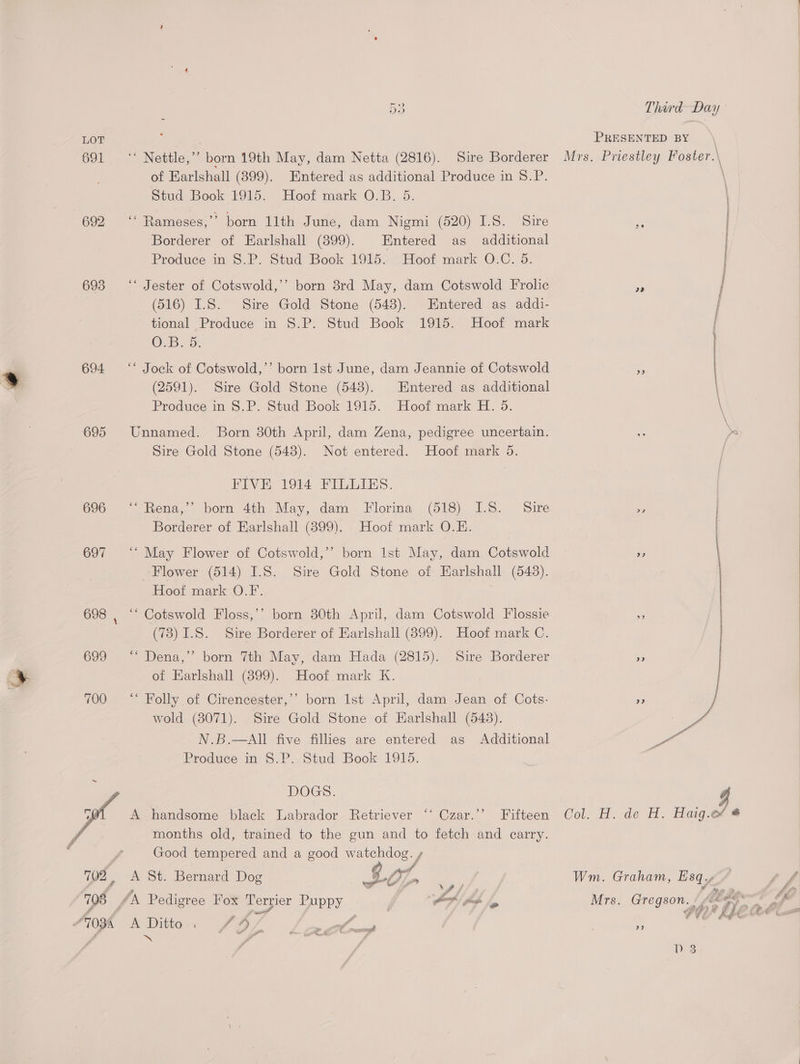 LOT ? | PRESENTED BY 691 ‘‘ Nettle,’’ born 19th May, dam Netta (2816). Sire Borderer Mrs. Priestley Foster.\ of Earlshall (899). Entered as additional Produce in S8.P. Stud Book 1915. Hoof mark O.B. 5 692 ‘‘ Rameses,”’ born 11th June, dam Nigmi (520) 1.8. Sire Borderer of Earlshall (899). Entered as _ additional Produce in 8.P. Stud Book 1915. Hoof mark O.C. 5. 693 ‘“‘ Jester of Cotswold,’ born 38rd May, dam Cotswold Frolic bs | (516) I.S. Sire Gold Stone (548). Entered as addi- tional Produce in 8.P. Stud Book 1915. Hoof mark O.B. 5. 694 ‘ Jock of Cotswold,’’ born Ist June, dam Jeannie of Cotswold a (2591). Sire Gold Stone (543). Entered as additional \ Produce in 8.P. Stud Book 1915. Hoof mark H. 5. : 695 Unnamed. Born 30th April, dam Zena, pedigree uncertain. Sire Gold Stone (548). Not entered. Hoof mark 5. FIVE 1914 FILLIES. | G26 feng... born 4th May, dam. Florina . (518). L.S. Sire > | Borderer of Earlshall (899). Hoof mark O.E. | 697 ‘‘ May Flower of Cotswold,’’ born 1st May, dam Cotswold > | Flower (514) I.8. Sire Gold Stone of Earlshall (548). | Hoof mark O.F. | | 698 , “* Cotswold Floss,’’ born 30th April, dam Cotswold Flossie fr | (73) I.S. Sire Borderer of Harlshall (399). Hoof mark C. | 699 “ Dena,’’ born 7th May, dam Hada (2815). Sire Borderer » | | of Earlshall (899). Hoof mark K. 700 = ‘** Folly of Cirencester,’’ born 1st April, dam Jean of Cots- » ) wold (8071). Sire Gold Stone of Harlshall (548). a. N.B.—AIll five fillies are entered as Additional ee Proauce in S.P..Stud Book 1915. DOGS ; pe A handsome black Labrador Retriever ‘‘ Czar.’’ Fifteen Col. H. de H. Haig.c¢ # , months old, trained to the gun and to fetch and carry. Good tempered and a good watchdog. » a § 702, A St. Bernard Dog oy, é Wm. Graham, Esq. ef ils Pf), OF bp ya Y ‘ x F ; é J 108 AN Pedigree Fox Terrier PrePy Pot) page 1, Mrs. Gregson. / 4s Noah a ; Cri? #&amp; ¥ xe € £ C € cit a : | i038 oe oe Fee lacl i ited:
