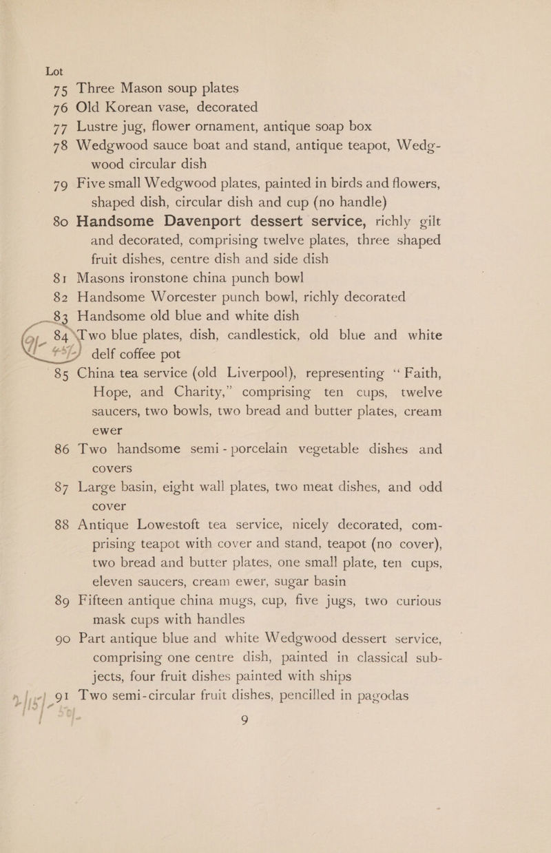 75, Three Mason soup plates 76 Old Korean vase, decorated 77 Lustre jug, flower ornament, antique soap box 78 Wedgwood sauce boat and stand, antique teapot, Wedg- wood circular dish 79 Five small Wedgwood plates, painted in birds and flowers, shaped dish, circular dish and cup (no handle) 80 Handsome Davenport dessert service, richly gilt and decorated, comprising twelve plates, three shaped fruit dishes, centre dish and side dish 81 Masons ironstone china punch bowl 82 Handsome Worcester punch bowl, richly decorated 8 3 Handsome old blue and white dish _ 8 WE wo blue plates, dish, candlestick, old blue and white i) delf coffee pot 85 China tea service (old Liverpool), representing ‘“ Faith, Hope, and Charity,” comprising ten cups, twelve saucers, two bowls, two bread and butter plates, cream ewer 86 Two handsome semi- porcelain vegetable dishes and covers 87 Large basin, eight wall plates, two meat dishes, and odd cover 88 Antique Lowestoft tea service, nicely decorated, com- prising teapot with cover and stand, teapot (no cover), two bread and butter plates, one small plate, ten cups, eleven saucers, cream ewer, sugar basin 89 Fifteen antique china mugs, cup, five jugs, two curious mask cups with handles 90 Part antique blue and white Wedgwood dessert service, comprising one centre dish, painted in classical sub- jects, four fruit dishes painted with ships |e) 91 Two semi-circular fruit dishes, pencilled in pagodas