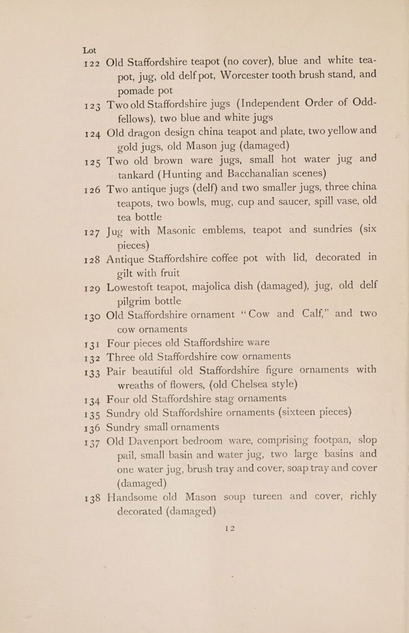 Rese 123 124 125 126 129 Old Staffordshire teapot (no cover), blue and white tea- pot, jug, old delf pot, Worcester tooth brush stand, and pomade pot Two old Staffordshire jugs (Independent Order of Odd- fellows), two blue and white jugs Old dragon design china teapot and plate, two yellow and gold jugs, old Mason jug (damaged) Two old brown ware jugs, small hot water jug and tankard (Hunting and Bacchanalian scenes) Two antique jugs (delf) and two smaller jugs, three china teapots, two bowls, mug, cup and saucer, spill vase, old tea bottle Jug with Masonic emblems, teapot and sundries (six pieces) Antique Staffordshire coffee pot with lid, decorated in gilt with fruit Lowestoft teapot, majolica dish (damaged), jug, old delf pilgrim bottle Old Staffordshire ornament “Cow and Calf,” and two cow ornaments Four pieces old Staffordshire ware Three old Staffordshire cow ornaments Pair beautiful old Staffordshire figure ornaments with wreaths of flowers, (old Chelsea style) Four old Staffordshire stag ornaments Sundry old Staffordshire ornaments (sixteen pieces) Sundry small ornaments Old Davenport bedroom ware, comprising footpan, slop pail, small basin and water jug, two large basins and one water jug, brush tray and cover, soap tray and cover (damaged) Handsome old Mason soup tureen and cover, richly decorated (damaged)