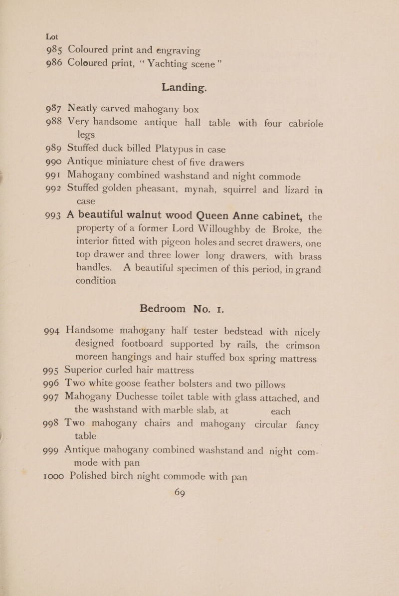 985 986 987 988 989 990 991 992 993 9904 995 996 997 998 O99 Coloured print and engraving Coloured print, ‘“‘ Yachting scene” Landing. Neatly carved mahogany box Very handsome antique hall table with four cabriole legs Stuffed duck billed Platypus in case Antique miniature chest of five drawers Mahogany combined washstand and night commode Stuffed golden pheasant, mynah, squirrel and lizard in case A beautiful walnut wood Queen Anne cabinet, the property of a former Lord Willoughby de Broke, the interior fitted with pigeon holes and secret drawers, one top drawer and three lower long drawers, with brass handles. A beautiful specimen of this period, in grand condition Bedroom No. I. Handsome mahogany half tester bedstead with nicely designed footboard supported by rails, the crimson — moreen hangings and hair stuffed box spring mattress Superior curled hair mattress Two white goose feather bolsters and two pillows Mahogany Duchesse toilet table with glass attached, and the washstand with marble slab, at each Two mahogany chairs and mahogany circular fancy table Antique mahogany combined washstand and night com- mode with pan