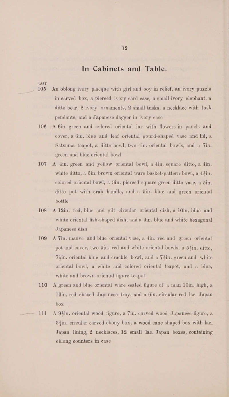 105 106 107 109 110 vali 12 In Cabinets and Table. An oblong ivory placque with girl and boy in relief, an ivory puzzle in carved box, a pierced ivory card case, a small ivory elephant, a ditto bear, 2 ivory ornaments, 2 small tusks, a necklace with tusk pendants, and a Japanese dagger in ivory case A 6in. green and colored oriental jar with flowers in panels and cover, a 6in. blue and leaf oriental gourd-shaped vase and lid, a Satsuma teapot, a ditto bowl, two 4in. oriental bowls, and a Tin. vreen and blue oriental bowl A 4in. green and yellow oriental bowl, a din. square ditto, a 4in, white ditto, a 5in. brown oriental ware basket-pattern bowl, a 44in. colored oriental bowl, a 3in. pierced square green ditto vase, a din. ditto pot with crab handle, and a 9in. blue and green oriental bottle A 12in. red, blue and gilt cirenlar oriental dish, a 10in, blue and white oriental fish-shaped dish, aid a Qin. blue and white hexagonal Japanese dish A Tin. mauve and blue oriental vase, a din. red and green oriental pot and cover, two 5in. red and white oriental bowls, a 54in, ditto, 74in. oriental blue and crackle bowl, and a 7$in. green and white oriental bowl, a white and colored oriental teapot, and a blue, white and brown oriental figure teapot A green and blue oriental ware seated figure of a man 10in. high, a 1G6in. red chased Japanese tray, and a Gin. circular red lac Japan box A 94in. oriental wood figure, a 7in. carved wood Japanese figure, a $tin. circular carved ebony box, a wood cane shaped box with lac. Japan lining, 2 necklaces, 12 small lac. Japan boxes, containing oblong counters in case