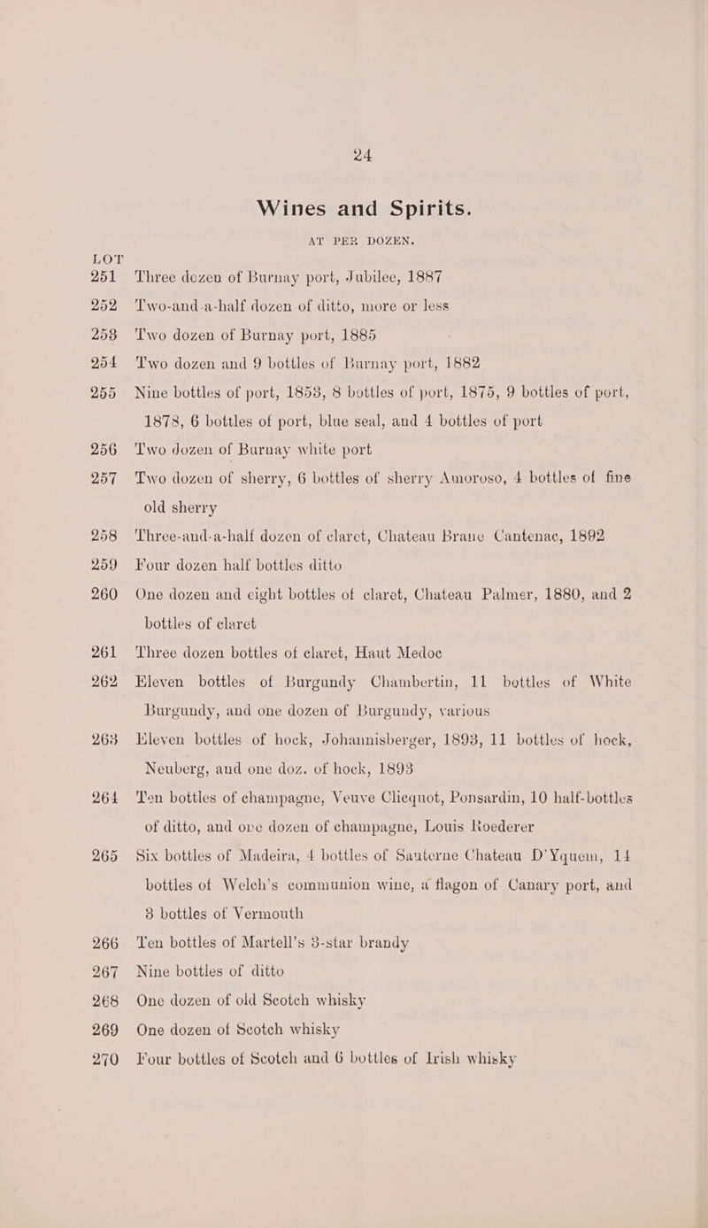 264 265 266 267 268 269 270 24 Wines and Spirits. AT PER DOZEN. Three dezeu of Burnay port, Jubilee, 1887 Two-and-a-half dozen of ditto, more or less Two dozen of Burnay port, 1885 Two dozen and 9 bottles of Burnay port, 1882 Nine bottles of port, 1858, 8 bottles of port, 1875, 9 bottles of port, 1878, 6 bottles of port, blue seal, and 4 bottles of port Two dozen of Burnay white port Two dozen of sherry, 6 bottles of sherry Amoroso, 4 bottles of fine old sherry Three-and-a-half dozen of claret, Chateau Brane Cantenaec, 1892 lour dozen half bottles ditto One dozen and eight bottles of claret, Chateau Palmer, 1880, and 2 bottles of claret Three dozen bottles of claret, Haut Medoc Kleven bottles of Burgundy Chambertin, 11 bottles of White Burgundy, and one dozen of Burgundy, various Mileven bottles of hock, Johannisberger, 1893, 11 bottles of hock, Neuberg, and one doz. of hock, 1893 Ten bottles of champagne, Veuve Clicquot, Ponsardin, 10 half-bottles of ditto, and ove dozen of champagne, Louis Noederer Six bottles of Madeira, 4 bottles of Sauterne Chateau D’Yquem, 14 bottles of Welch’s communion wine, a flagon of Canary port, and 3 bottles of Vermouth Ten bottles of Martell’s 3-star brandy Nine bottles of ditto One dozen of old Scotch whisky One dozen of Scotch whisky Four bottles of Scotch and 6 bottles of Irish whisky