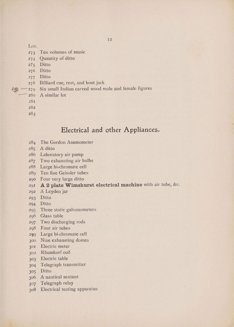 Lor. 273 Ten volumes of music 274 Quantity of ditto 275 Ditto 276 Ditto any, Ditte 278 Billiard cue, rest, and boot jack fy =——~279 Six small Indian carved wood male and female figures —— 280 A similar lot 281 282 283 Electrical and other Appliances. 284 The Gordon Anemometer 285 A ditto 286 Laboratory air pump 287 Two exhausting air bulbs 288 Large bi-chromate cell 289 Ten fine Geissler tubes 290 Four very large ditto 291 A 2 plate Wimshurst electrical machine with air tube, &amp;c. 292 A Leyden jar 293 Ditto 294 Ditto 295 ‘Three static galvanometers 296 Glass table 297 Two discharging rods 298 Four air tubes 299 Large bi-chromate cell 300 Nine exhausting domes 301 Electric meter 302 Rhumkorf coil 303 Electric table 304 Telegraph transmitter 305 Ditto 306 A nautical sextant 307 Telegraph relay 308 Electrical testing apparatus
