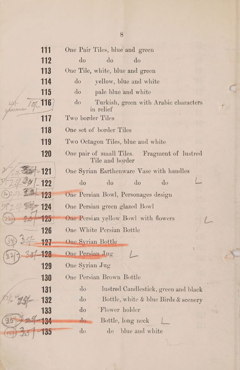 111. One Pair Tiles, blue and green 112 do do do 113 One Tile, white, blue and green 114 do yellow, blue and white 115 do pale blue and white Lp Ti 116 / do Turkish, green with Arabic characters Anu ft in relief Rake 117. ‘Iwo border Tiles 118 One set of border Tiles 119 Two Octagon Tiles, blue and white 120 One pair of small Tiles. Fragment of lustred Tile and border x f (See = 191 One Syrian Earthenware Vase with handles do do cdo do ok “One Persian Bowl, Personages design tit 194 One Persian green glazed Bowl “One Persian yellow Bowl with flowers o 126 One White Persian Bottle \ One Syrian Jug 130 One Persian Brown Bottle y, 131 do lustred Candlestick, green and black Lh WY Sfe 132 do Bottle, white &amp; blue Birds &amp; scenery 133 do Flower holder | Bottle, long neck =| do blue and white