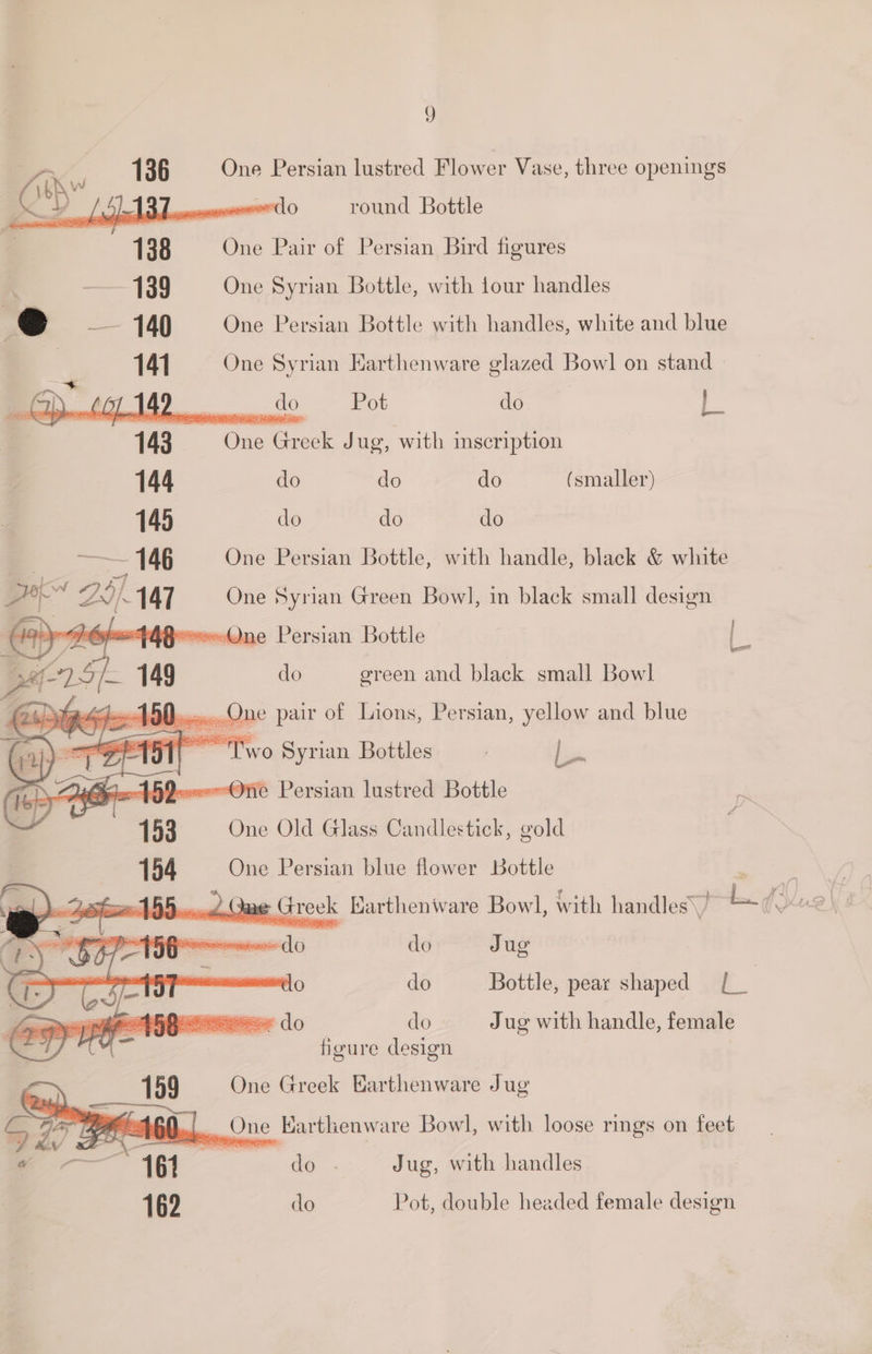 S £ a 136 One Persian lustred Flower Vase, three openings 4 D Diboow eedo round Bottle 138 One Pair of Persian Bird figures 139 One Syrian Bottle, with tour handles ; e _— 140 One Persian Bottle with handles, white and blue | 141 One Syrian Harthenware glazed Bowl on stand do Pot do P| -~ 143 — One Greek Jug, with inscription 144 do do do (smaller) 149 do do do = —— 146 One Persian Bottle, with handle, black &amp; white pe Boh 147 One Syrian Green Bow], in black small design SOP24AR es-One Persian Bottle a Ar — 749 do green and black small Bowl £ ae Ae ee: | onan ON pair of Lions, Persian, yellow and blue 3 Two 8 yrian Bottles Lin Je Persian lustred Bottle ; 153 One Old Glass Candlestick, gold 154 One Persian blue flower Bottle CLO do Jug do do Bottle, pear shaped [_ eee do do Jug with handle, female figure design 159 One Greek Earthenware Jug ; 960... One Karthenware Bowl, with loose rings on feet _ 161 ee cas do . Jug, with handles 162 do Pot, double headed female design
