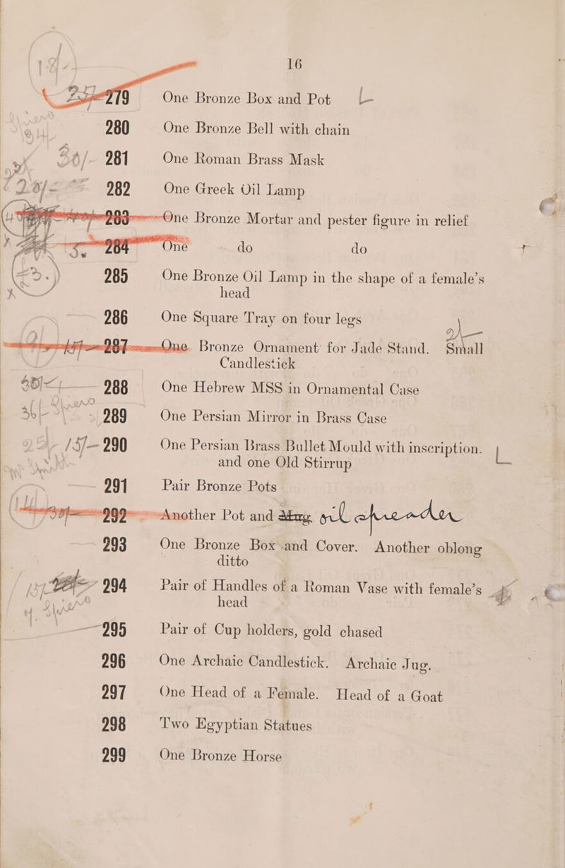 One Bronze Box and Pot 280 One Bronze Bell with chain 36/ 981 One Roman Brass Mask CD0/= ~~ 982 — One Greek Oil Lamp j Ly TR etre DB Aeen--One Bronze Mortar and pester figure in relief ne do do Ps. ‘a >.) 285 One Bronze Oil Lamp in the shape of a female’s ep ee aed head 286 One Square Tray on four legs . Bronze Ornament: for Jade Stand. Small Candlestick One Hebrew MSS in Ornamental Case One Persian Mirror in Brass Case One Persian Brass Bullet Mould with inscription. = and one Old Stirrup Pair Bronze Pots ~*Another Pot and Abr jek oprcader One Bronze Box-and Cover. Another oblong ditto Pair of Handles of a Roman Vase with female’s 4 i head | bead Pair of Cup holders, gold chased One Archaic Candlestick. Archaic Jug. One Head of a Female. Head of a Goat Two Egyptian Statues | One Bronze Horse