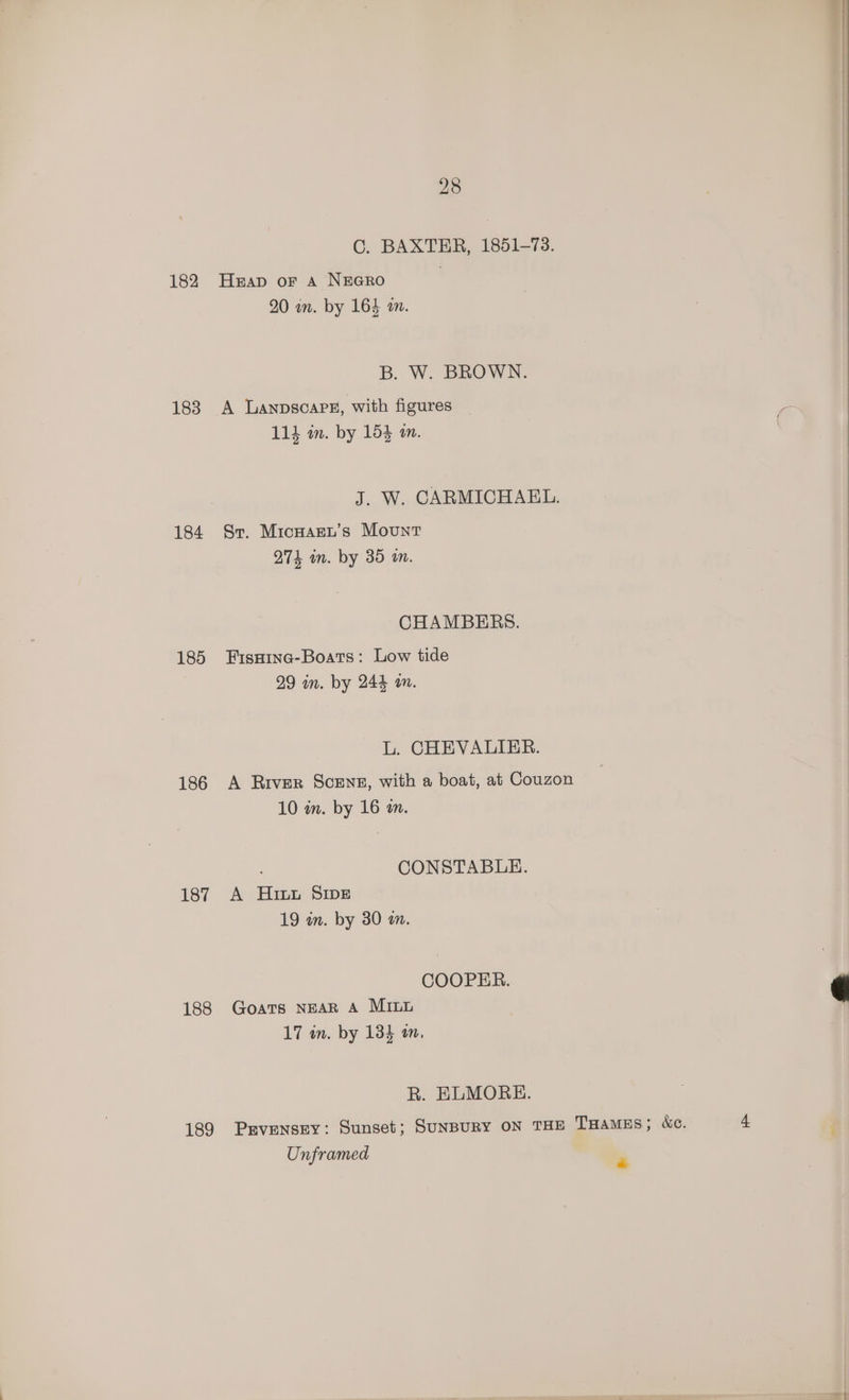 C. BAXTER, 1851-73. 182 Heap or A NEGRO 20 wn. by 164 a. B. W. BROWN. 183 A Lanpscars, with figures 114 im. by 154 mm. J. W. CARMICHAEL. 184 Sr. MicHageu’s Mount 274 wm. by 35 a. CHAMBERS. 185 Fisaina-Boats: Low tide 29 in. by 244 wm. L. CHEVALIER. 186 A River ScENE, with a boat, at Couzon 10 in. by 16 an. CONSTABLE. 187 A Hint Sipe 19 in. by 30 m. COOPER. 188 Goats NEAR A MILL 17 in. by 134 an, R. ELMORH. 189 Pxrvensey: Sunset; SunBuRY ON THE THAMES; &amp;Kc. 4 Unframed ™