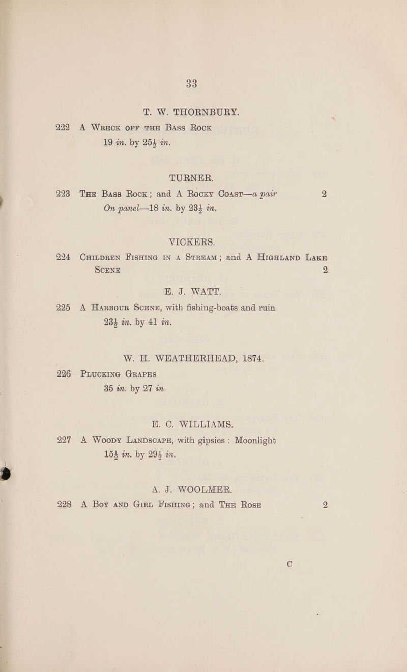 222 223 225 226 227 228 do T. W. THORNBURY. A WRECK OFF THE Bass Rock 19 in. by 254 an. TURNER. Tur Bass Rock; and A Rocky Coast—a pair On panel—18 in. by 234 am. VICKERS. | E. J... WARY, A Harsour Scens, with fishing-boats and ruin W. H. WEATHERHEAD, 1874. PLUCKING GRAPES EK. C. WILLIAMS. A Woopy LanpbscaPEz, with gipsies : Moonlight 154 m. by 295 in. A. J. WOOLMER. A Boy Aanp Girt FisHine; and Tae Rose