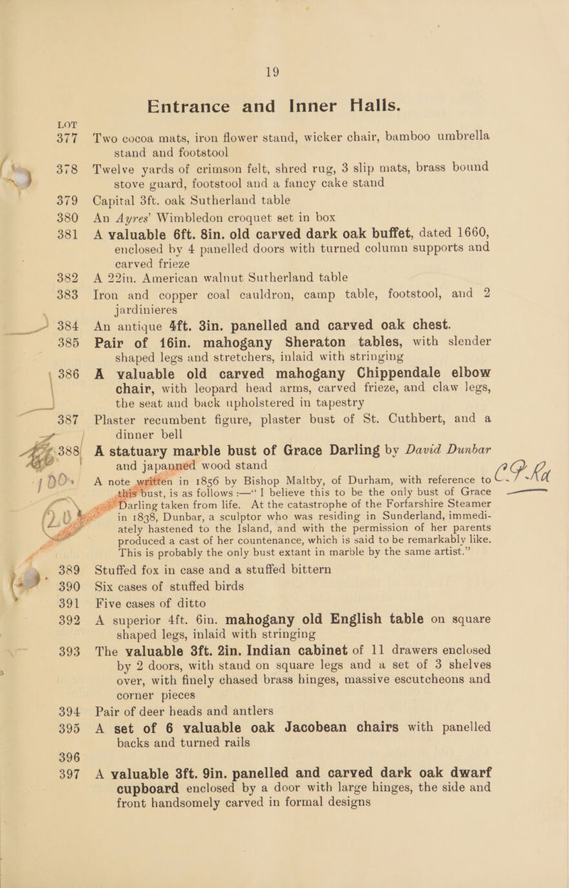 Entrance and Inner Halls. LOT 377 Two cocoa mats, iron flower stand, wicker chair, bamboo umbrella y stand and footstool { Ms 378 Twelve yards of crimson felt, shred rug, 3 slip mats, brass bound Ne stove guard, footstool and a fancy cake stand 379 Capital 3ft. oak Sutherland table 380 An Ayres’ Wimbledon croquet set in box 381 A valuable 6ft. 8in. old carved dark oak buffet, dated 1660, enclosed by 4 panelled doors with turned column supports and carved frieze 382 A 22in. American walnut Sutherland table 383 Iron and copper coal cauldron, camp table, footstool, and 2 : jardinieres - 384 An antique 4ft. 3in. panelled and carved oak chest. 385 Pair of 16in. mahogany Sheraton tables, with slender shaped legs and stretchers, inlaid with stringing | 386 A valuable old carved mahogany Chippendale elbow chair, with leopard head arms, carved frieze, and claw legs, as the seat and back upholstered in tapestry 387 Plaster recumbent figure, plaster bust of St. Cuthbert, and a sf | dinner bell 4p A statuary marble bust of Grace Darling by David Dunbar 33 and japanned wood stand G. 14 | HO + A note wei ten in 1856 by Bishop Maltby, of Durham, with reference to C NA : _this bust, is as follows :—'‘'I believe this to be the only bust of Grace ———— ye’ Darling taken from life. At the catastrophe of the Forfarshire Steamer in 1838, Dunbar, a sculptor who was residing in Sunderland, immedi- ately hastened to the Island, and with the permission of her parents er produced a cast of her countenance, which is said to be remarkably like. Pa This is probably the only bust extant in marble by the same artist.” ip _ 389 Stuffed fox in case and a stuffed bittern ss — a 390 Six cases of stuffed birds 391 Five cases of ditto 392 A superior 4ft. 6in. mahogany old English table on square shaped legs, inlaid with stringing 393 The valuable 8ft. 2in. Indian cabinet of 11 drawers enclosed by 2 doors, with stand on square legs and a set of 3 shelves over, with finely chased brass hinges, massive escutcheons and corner pieces 394 Pair of deer heads and antlers 395 A set of 6 valuable oak Jacobean chairs with panelled backs and turned rails 397 <A valuable 3ft. 9in. panelled and carved dark oak dwarf cupboard enclosed by a door with large hinges, the side and front handsomely carved in formal designs