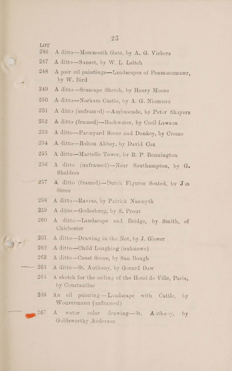 246 } 247 248 23 A ditto—Monmouth Gate, by A. G. Vickers A ditto—Sunset, by W. L. Leitch A pair oil paintings—Landscapes of Penmaenmawr, by W. Bird A ditto—Seascape Sketch, by Henry Moore A ditto—Norham Castle, by A. G. Niemann A ditto (unframed)—Ambuseade, by Peter Shayers A ditto (framed)—Backwater, by Cecil Lawson A ditto—Farmyard Scene and Donkey, by Crome A ditto—Bolton Abbey, by David Cox A ditto—Martello Tower, by R. P. Bonnington A ditto (unframed)—Near Southampton, by Ge Shalders A ditto (framed)—Dutch Figures Seated, by Jin Steen A ditto—Ravine, by Patrick Nasmyth A ditto—Godesburg, by S. Prout A dittc—Landscape and Bridge, by Smith, of Chichester A ditto—Drawing in the Net, by J. Glover A ditto—Child Laughing (unknown) A ditto —Coast Scene, by San Bough A ditto—St. Anthony, by Gerard Daw A sketch for the ceiling of the Hotel de Ville, Paris, by Constantine An oil painting — Landscape with Cattle, by Wouvermann (unframed) A water color drawing—St. Anthony, by Goldsworthy Anderson
