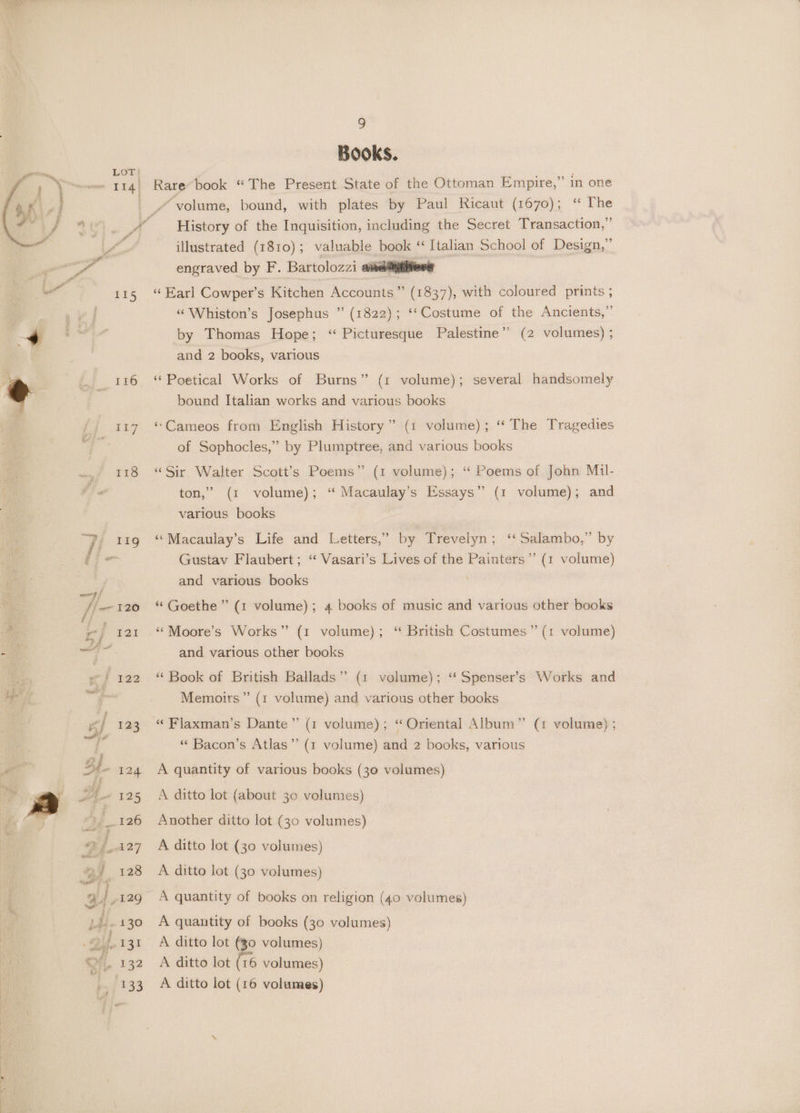LOT | Ii4) : eh 5 yd / yr fe “ 115 = BS BSED Sy % 118 Fs ee os fi-120 es 122 4 : 4 By 1a3 wl 7 a H- 124 A 125 126 9 Books. Rare book “The Present State of the Ottoman Empire,” in one ¥ volume, bound, with plates by Paul Ricaut (1670); “ The History of the Inquisition, including the Secret Transaction,” illustrated (1810); valuable book “ Italian School of Design,” engraved by F. Bartolozzi avsemytitiiess “ Earl Cowper’s Kitchen Accounts” (1837), with coloured prints ; “Whiston’s Josephus ” (1822); ‘‘Costume of the Ancients,” by Thomas Hope; “ Picturesque Palestine” (2 volumes) ; and 2 books, various ‘Poetical Works of Burns” (1 volume); several handsomely bound Italian works and various books ‘Cameos from English History” (1 volume); ‘“‘ The Tragedies of Sophocles,” by Plumptree, and various books “Sir Walter Scott’s Poems” (1 volume); “ Poems of John Mil- ton,” (1 volume); “ Macaulay’s Essays” (1 volume); and various books ‘‘Macaulay’s Life and Letters,’ by Trevelyn; ‘‘Salambo,” by Gustav Flaubert; “‘ Vasari’s Lives of the Painters” (1 volume) and various books “ Goethe ” (1 volume); 4 books of music and various other books ‘‘Moore’s Works” (1 volume); “ British Costumes ” (1 volume) and various other books ‘Book of British Ballads” (1 volume); “‘ Spenser’s Works and Memoirs” (1 volume) and various other books “ Flaxman’s Dante” (1 volume); “Oriental Album” (1 volume) ; “ Bacon’s Atlas”’ (1 volume) and 2 books, various A quantity of various books (30 volumes) A ditto lot (about 30 volumes) Another ditto lot (30 volumes) A ditto lot (30 volumes) A ditto lot (30 volumes) A quantity of books on religion (40 volumes) A quantity of books (30 volumes) A ditto lot (§0 volumes) A ditto lot (16 volumes) A ditto lot (16 volumes)