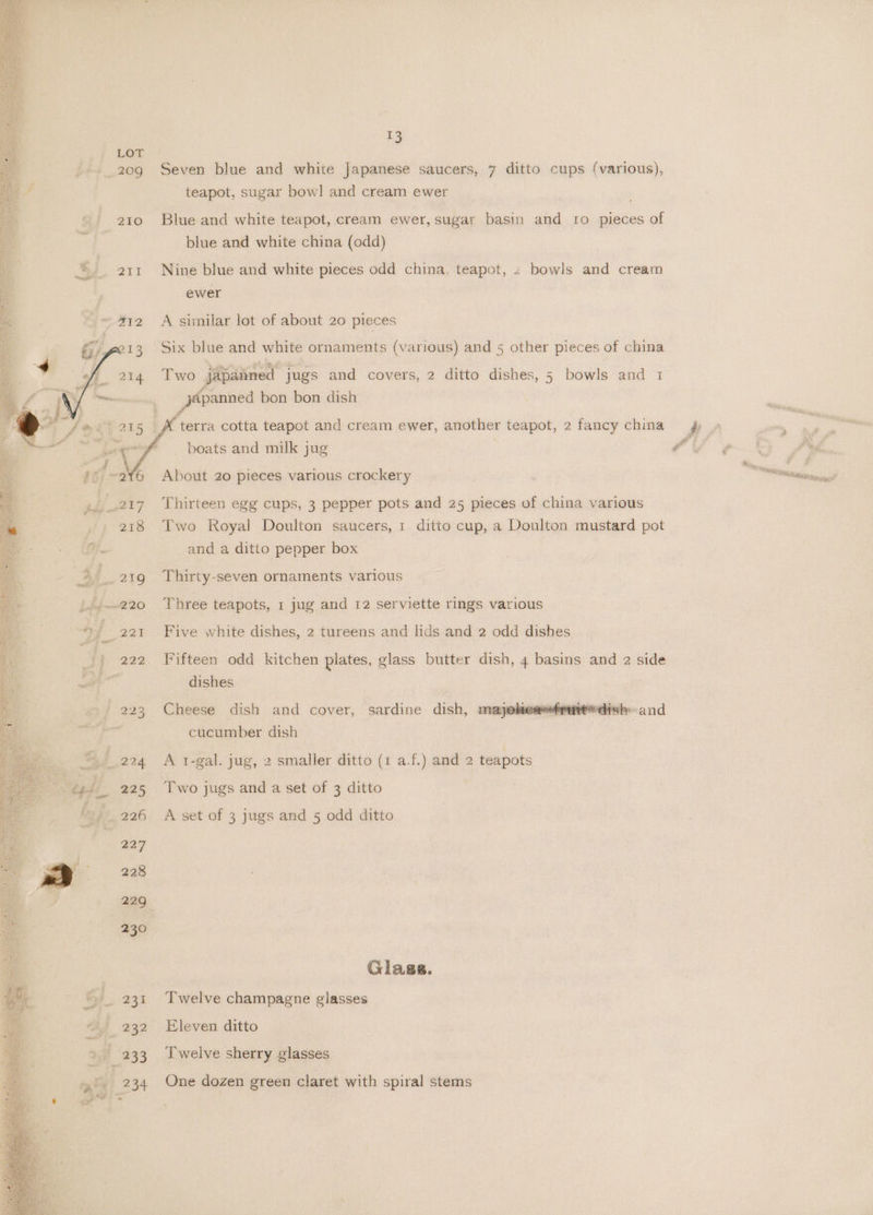 209 210 ait {= 12 3 Seven blue and white Japanese saucers, 7 ditto cups (various), teapot, sugar bow] and cream ewer Blue and white teapot, cream ewer, sugar basin and 10 pieces of blue and white china (odd) Nine blue and white pieces odd china, teapot, z bowls and cream ewer A similar lot of about 20 pieces Six blue and white ornaments (various) and 5 other pieces of china Two japanned jugs and covers, 2 ditto dishes, 5 bowls and 1 panned bon bon dish terra cotta teapot and cream ewer, another teapot, 2 fancy china he oO ee ea boats and milk jug CV er 2 Se. Nira # About 20 pieces various crockery 7 i Thirteen egg cups, 3 pepper pots and 25 pieces of china various Two Royal Doulton saucers, 1 ditto cup, a Doulton mustard pot and a ditto pepper box Thirty-seven ornaments various Three teapots, 1 jug and 12 serviette rings various Five white dishes, 2 tureens and lids and 2 odd dishes Fifteen odd kitchen plates, glass butter dish, 4 basins and 2 side dishes Cheese dish and cover, sardine dish, mayelea cucumber dish A t-gal. jug, 2 smaller ditto (1 a.f.) and 2 teapots Two jugs and a set of 3 ditto A set of 3 jugs and 5 odd ditto | Glass. Twelve champagne glasses Eleven ditto Twelve sherry glasses One dozen green claret with spiral stems \