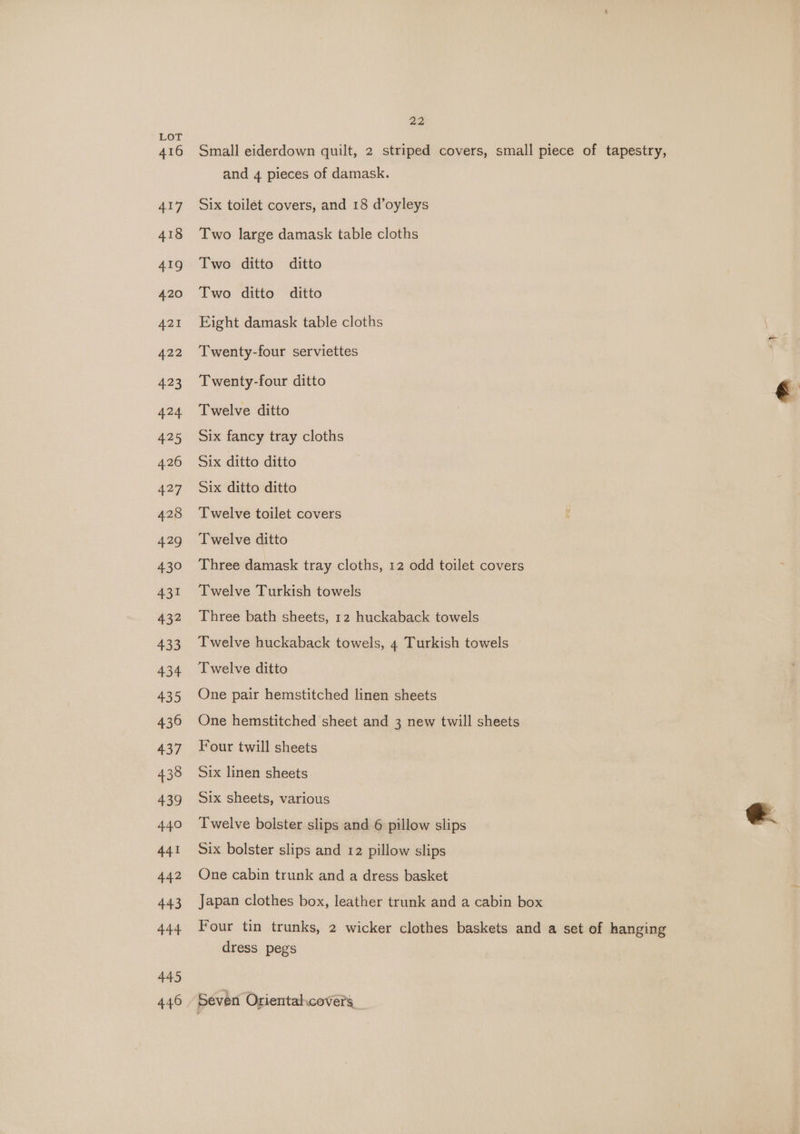 A416 417 418 419 420 A421 422 423 424 425 426 427 428 429 30 431 432 433 434 439 436 437 438 Bd 440 441 442 443 444 445 446 22 Small eiderdown quilt, 2 striped covers, small piece of tapestry, and 4 pieces of damask. Six toilet covers, and 18 d’oyleys Two large damask table cloths Two ditto ditto Two ditto ditto Eight damask table cloths Twenty-four serviettes Twenty-four ditto Twelve ditto Six fancy tray cloths Six ditto ditto Six ditto ditto Twelve toilet covers Twelve ditto Three damask tray cloths, 12 odd toilet covers Twelve Turkish towels Three bath sheets, 12 huckaback towels Twelve huckaback towels, 4 Turkish towels Twelve ditto One pair hemstitched linen sheets One hemstitched sheet and 3 new twill sheets Four twill sheets Six linen sheets Six sheets, various Twelve bolster slips and 6 pillow slips Six bolster slips and 12 pillow slips One cabin trunk and a dress basket Japan clothes box, leather trunk and a cabin box Four tin trunks, 2 wicker clothes baskets and a set of hanging dress pegs Seven Oriental.covers