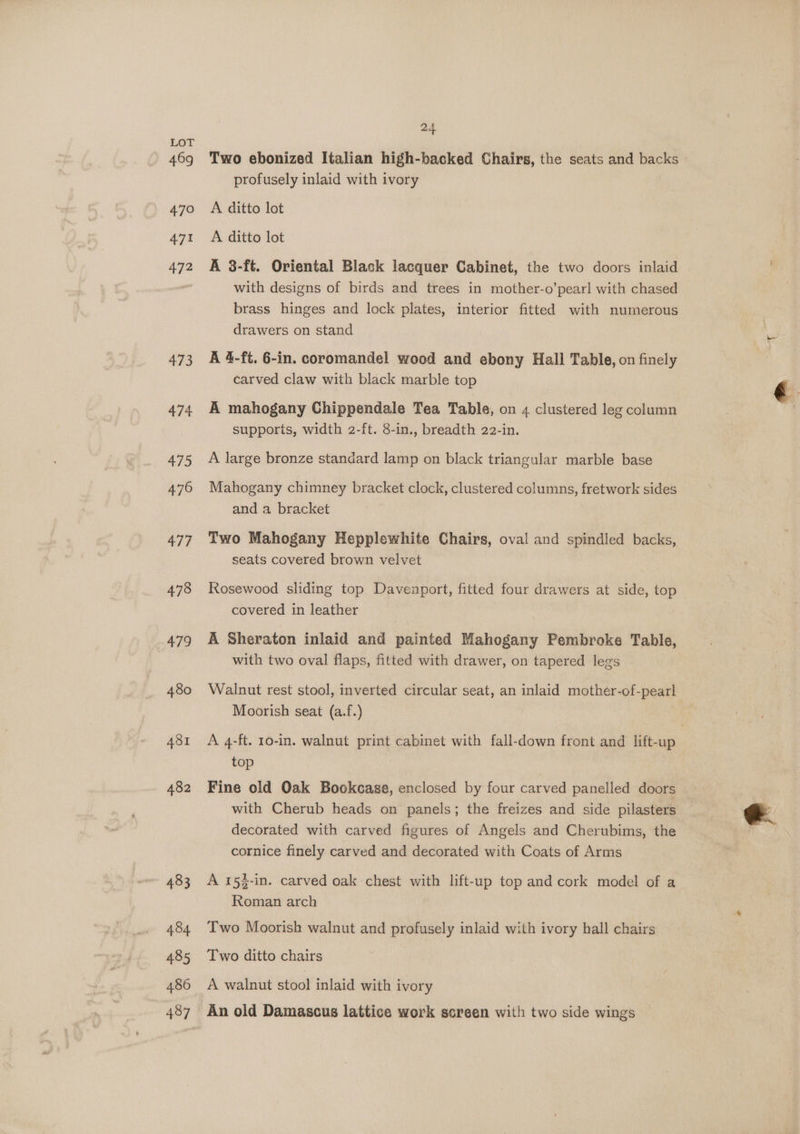 469 470 471 472 473 ASI 483 484 485 486 487 24 Two ebonized Italian high-backed Chairs, the seats and backs profusely inlaid with ivory A ditto lot A ditto lot A 3-ft. Oriental Black lacquer Cabinet, the two doors inlaid with designs of birds and trees in mother-o’pearl with chased brass hinges and lock plates, interior fitted with numerous drawers on stand A 4-ft. 6-in. coromandel wood and ebony Hall Table, on finely carved claw with black marble top A mahogany Chippendale Tea Table, on 4 clustered leg column supports, width 2-ft. 8-in., breadth 22-in. A large bronze standard lamp on black triangular marble base Mahogany chimney bracket clock, clustered columns, fretwork sides and a bracket | Two Mahogany Hepplewhite Chairs, oval and spindled backs, seats covered brown velvet Rosewood sliding top Davenport, fitted four drawers at side, top covered in leather A Sheraton inlaid and painted Mahogany Pembroke Table, with two oval flaps, fitted with drawer, on tapered legs Walnut rest stool, inverted circular seat, an inlaid mother-of-pearl Moorish seat (a.f.) A 4-ft. 10-in. walnut print cabinet with fall-down front and lift-up top Fine old Oak Bookcase, enclosed by four carved panelled doors with Cherub heads on panels; the freizes and side pilasters decorated with carved figures of Angels and Cherubims, the cornice finely carved and decorated with Coats of Arms A 15$-in. carved oak chest with lift-up top and cork model of a Roman arch Two Moorish walnut and profusely inlaid with ivory hall chairs Two ditto chairs A walnut stool inlaid with ivory An old Damascus lattice work screen with two side wings