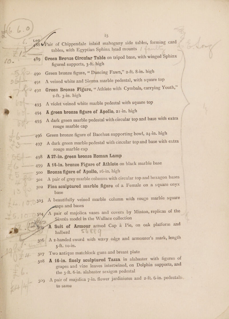 ea 7. c t % ‘ « ’ ‘ ~~, _ > . f fn , Reena t tig ws 4 csi A x &amp; co ° ae x e \ - eo 28 air of Chippendale inlaid mahogany side tables, forming card tables, with Egyptian Sphinx head mounts 489 Green Bronze Circular Table on tripod base, with winged Sphinx figured supports, 3-ft. high | 490 Green bronze figure, “ Dancing Fawn,” 2-ft. 8-in. high 4g1 A veined white and Sienna marble pedestal, with square top 2-ft. 3-in. high 493 A violet veined white marble pedestal with square top 494 A green bronze figure of Apollo, 21-in. high 495 A dark green marble pedestal with circular top and base with extra rouge marble cap 496 Green bronze figure of Bacchus supporting bowl, 24-in. high 497 A dark green marble pedestal with circular top and base with extra rouge marble cap 498 A27-in. green bronze Roman Lamp soo Bronze figure of Apollo, 16-in. high so1_ A pair of grey marble columns with circular top and hexagon bases so2 Fine sculptured marble figure of a Female on a square onyx base 503 A beautifully veined marble column with rouge marble square ps and bases _Sévrés model in the Wallace collection halberd S6 6% G 506 A 2-handed sword with wavy edge and armourer’s mark, length 5-ft. 1o-in. 507 Two antique matchlock guns and breast plate 508 A 16-in. finely sculptured Tazza in alabaster with figures of grapes and vine leaves intertwined, on Dolphin supports, and the 3-ft. 6-in. alabaster sexigon pedestal 3 509 A pair of majolica 7-in. flower jardinieres and 2-ft. 6-in. pedestals... to same
