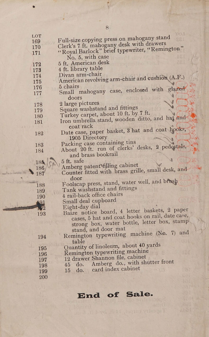Full-size copying press on mahogany stand Clerk’s 7 ft. mahogany desk with drawers “Royal Barlock” brief typewriter, “ Remington” No. 5, with case 5 ft. American desk 4 ft. library table Divan arm-chair American revolving arm-chair and cushion (A.F.) 5 chairs a doors * 2 large pictures ROE c.f Square washstand and fittings Ng Seek Turkey carpet, about 10 ft. by 7 ft. BW 73 Jas Iron umbrella stand, wooden ditto, and hat and« coat rack | NY is Sta Date case, paper basket, 3 hat and coat hooks,” “at 1905 Directory A eae oe Packing case containing tins ~~ 3 Freee About 20 ft. run of clerks’ desks, 2 pedestals, “ and brass bookrail are ; ; Counter fitted with brass grille, small desk, and door | Foolscap press, stand, water well, and brush Tank washstand and fittings 4 rail-back office chairs Small deal cupboard Eight-day dial | Baize notice board, 4 letter baskets, 2 paper cases, 5 hat and coat hooks on rail, date case, stand, and door mat Remington typewriting machine (No. 7) and table Quantity of linoleum, about 40 yards Remington typewriting machine 12 drawer Shannon file, cabinet 45 do. Amberg do., with shutter front 15 do. card index cabinet |