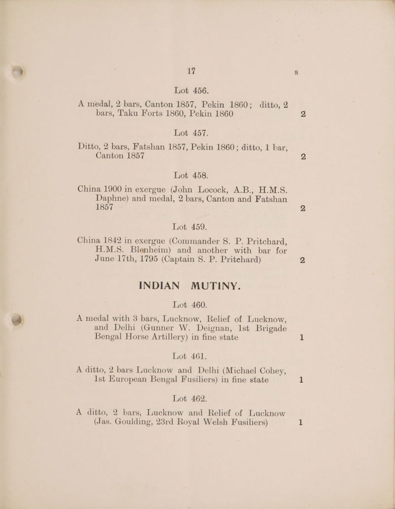 1% Lot 456. A medal, 2 bars, Canton 1857, Pekin 1860; ditto, 2 bars, Taku Forts 1860, Pekin 1860 liot 457. Ditto, 2 bars, Fatshan 1857, Pekin 1860; ditto, 1 bar, Canton 1857 Lot 458. China 1900 in exergue (John Locock, A.B., H.M.S. Daphne) and medal, 2 bars, Canton and Fatshan 1857 Lot 459. China 1842 in exergue (Commander S. P. Pritchard, H.M.8. Blenheim) and another with bar for June 17th, 1795 (Captain 8S. P. Pritchard) INDIAN MUTINY. Lot 460. A medal with 3 bars, Lucknow, Relief of Lucknow, and Delhi (Gunner W. Deignan, Ist Brigade Bengal Horse Artillery) in fine state Lot 461. A ditto, 2 bars Lucknow and Delhi (Michael Cohey, 1st Huropean Bengal Fusiliers) in fine state Lot 462. A ditto, 2 bars, Lucknow and Relief of Lucknow (Jas. Goulding, 23rd Royal Welsh Fusiliers)