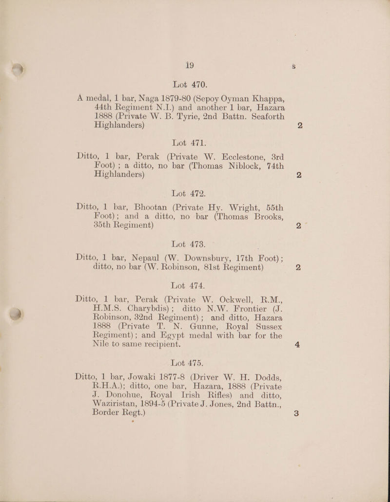 Lot 470. A medal, 1 bar, Naga 1879-80 (Sepoy Oyman Khappa, 44th Regiment N.I.) and another 1 bar, Hazara 1888 (Private W. B. Tyrie, 2nd Battn. Seaforth Highlanders) Lot 471. Ditto, 1 bar, Perak (Private W. Ecclestone, 3rd Foot) ; a ditto, no bar (Thomas Niblock, 74th Highlanders) hot. 472. Ditto, 1 bar, Bhootan (Private Hy. Wright, 55th Foot); and a ditto, no bar (Thomas Brooks, ddth Regiment) oet-478. Ditto, 1 bar, Nepaul (W. Downsbury, 17th Foot) ; ditto, no bar (W. Robinson, 81st Regiment) Lot 474. Ditto, 1 bar, Perak (Private W. Ockwell, R.M., H.M.S. Charybdis); ditto N.W. Frontier (J. Robinson, 32nd Regiment); and ditto, Hazara 1888 (Private T. N. Gunne, Royal Sussex Regiment); and Egypt medal with bar for the Nile to same recipient. Lot 475. Ditto, 1 bar, Jowaki 1877-8 (Driver W. H. Dodds, R.H.A.); ditto, one bar, Hazara, 1888 (Private J. Donohue, Royal Irish Rifles) and ditto, Waziristan, 1894-5 (Private J. Jones, 2nd Battn., Border Regt.)