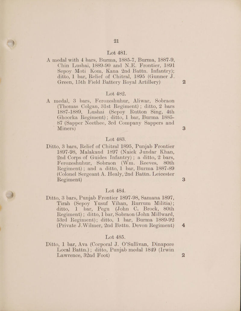 Lot 481. A medal with 4 bars, Burma, 1885-7, Burma, 1887-9, Chin Lushai, 1889-90 and N.E. Frontier, 1891 Sepoy Moti Kom, Kana 2nd Battn. Infantry); ditto, 1 bar, Relief of Chitral, 1895 (Gunner J. Green, 15th Field Battery Royal Artillery) Lot 482. A medal, 3 bars, Ferozeshuhur, Aliwar, Sobraon (Thomas Colgan, 8lst Regiment); ditto, 2 bars 1887-1889, Lushai (Sepoy Rutton Sing, 4th Ghoorka Regiment); ditto, 1 bar, Burma 1885- 87 (Sapper Neethee, 3rd Company Sappers and ~ Miners) Lot 483. Ditto, 3 bars, Relief of Chitral 1895, Punjab Frontier 1897-98, Malakand 1897 (Naiek Jundar Khan, 2nd Corps of Guides Infantry) ; a ditto, 2 bars, Ferozeshuhur, Sobraon (Wm. Reeves, 80th Regiment); and a ditto, 1 bar, Burma 1887-89 (Colonel Sergeant A. Healy, 2nd Battn. Leicester Regiment) Lot 484. Ditto, 3 bars, Punjab Frontier 1897-98, Samana 1897, Tirah (Sepoy Yusuf Vihan, Rurrum Militia); ditto, 1° bar, Peou (John ©. Brock, SOth Regiment) ; ditto, 1 bar, Sobraon (John Millward, 53rd Regiment); ditto, 1 bar, Burma 1889-92 (Private J.Wilmer, 2nd Battn. Devon Regiment) Lot 485. Ditto, 1 bar, Ava (Corporal J. O’Sullivan, Dinapore Local Battn.); ditto, Punjab medal 1849 (Irwin Lawrence, 32nd Foot)