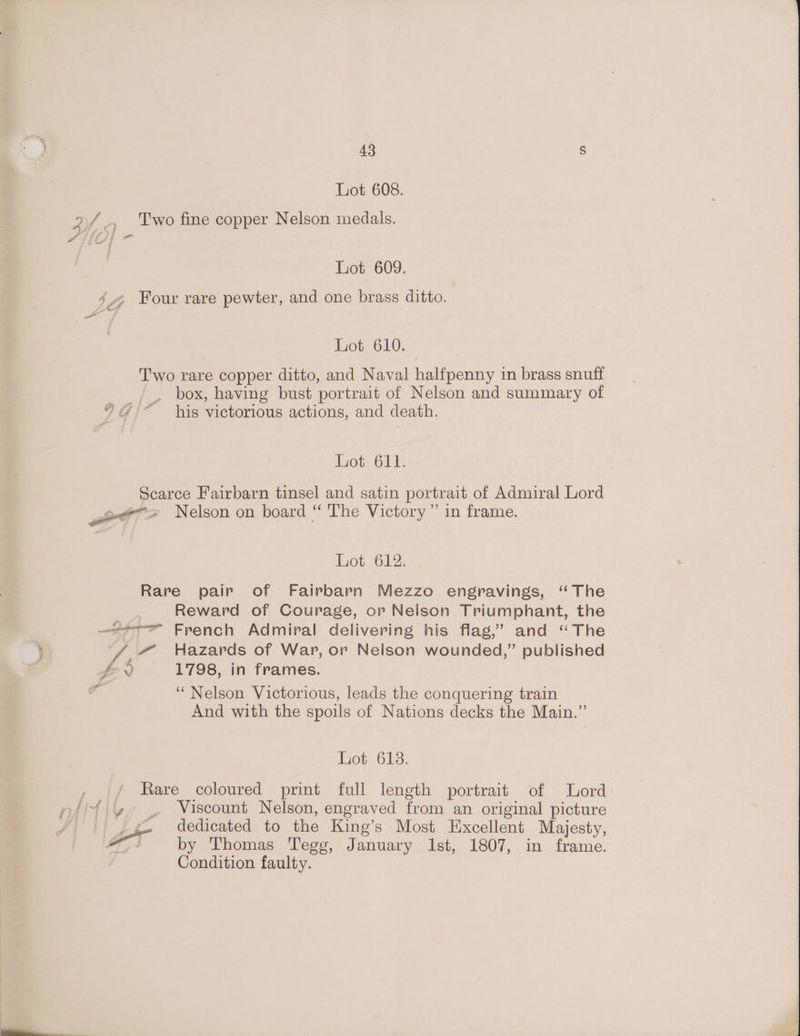 Lot 608. 4, «4 Two fine copper Nelson medals. Lot 609. 4.4, Four rare pewter, and one brass ditto. Z _ Lot 610. Two rare copper ditto, and Naval halfpenny in brass snuff _ box, having bust portrait of Nelson and summary of his victorious actions, and death. Lot 611. Scarce Fairbarn tinsel and satin portrait of Admiral Lord ~-> Nelson on board “ The Victory” in frame. 140676825. Rare pair of Fairbarn Mezzo engravings, ‘The Reward of Courage, or Nelson Triumphant, the —*—= French Admiral delivering his flag,” and “The 4 Hazards of War, or Nelson wounded,” published f- 1798, in frames. ‘“ Nelson Victorious, leads the conquering train And with the spoils of Nations decks the Main.” Lot 6138. Rare coloured print full length portrait of Lord y _ Viscount Nelson, engraved from an original picture - dedicated to the King’s Most Excellent Majesty, # by Thomas Tegg, January Ist, 1807, in frame. Condition faulty.