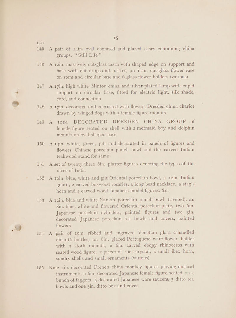 See f UOT? 145 146 147 148 149 150 151 152 153 154 155 15 A pair of r4in. oval ebonised and glazed cases containing china eroupse ‘stilliie”’ A 12in. massively cut-glass tazza with shaped edge on support and base with cut drops and lustres, an r1zin. cut-glass flower vase on stem and circular base and 6 glass flower holders (various) A rin. high white Minton china and silver plated lamp with cupid support on circular base, fitted for electric light, silk shade, cord, and connection A 17in. decorated and encrusted with flowers Dresden china chariot drawn by winged dogs with 3 female figure mounts Aton. DECORATED DRESDEN CHINA, GROUP of female figure seated on shell with 2 mermaid boy and dolphin mounts on oval shaped base A r4in. white, green, gilt and decorated in panels of figures and flowers Chinese porcelain punch bowl and the carved Indian teakwood stand for same A set of twenty-three 6in. plaster figures denoting the types of the races of India A roin. blue, white and gilt Oriental porcelain bowl, a 12in. Indian gourd, 2 carved boxwood rosaries, a long bead necklace, a stag’s horn and 4 carved wood Japanese model figures, &amp;c. A z2in. blue and white Nankin porcelain punch bowl (riveted), an 8in. blue, white and flowered Oriental porcelain plate, two 6in. Japanese porcelain cylinders, painted figures and two 3in. decorated Japanese porcelain tea bowls and covers, painted flowers A pair of 1oin. ribbed and engraved Venetian glass 2-handled chianté bottles, an 8in. glazed Portuguese ware flower holder with 3 stork mounts, a 6in. carved ebony rhinoceros with seated wood figure, 2 pieces of rock crystal, a small ibex horn, sundry shells and small ornaments (various) Nine gin. decorated French china monkey figures playing musical instruments, a 6in. decorated Japanese female figure seated on a bunch of faggots, 5 decorated Japanese ware saucers, 3 ditto tea bowls and one 3in. ditto box and cover