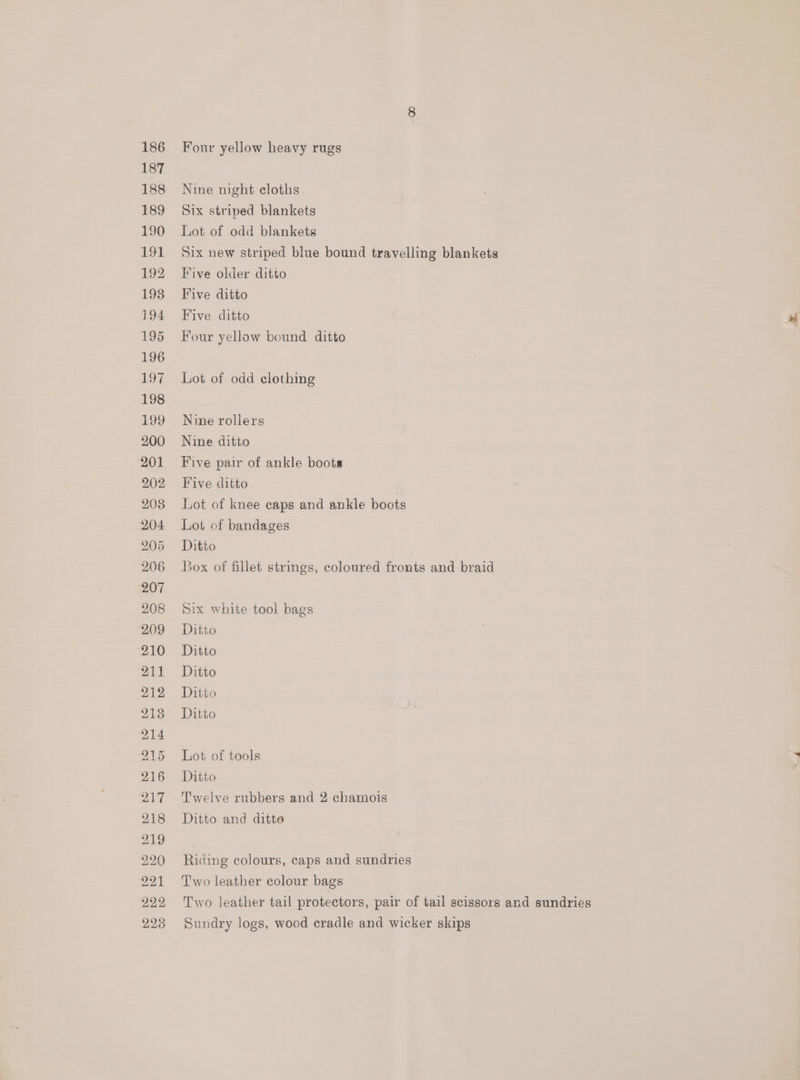 Four yellow heavy rugs Nine night cloths Six striped blankets Lot of odd blankets Six new striped blue bound travelling blankets Five older ditto Five ditto Five ditto Four yellow bound ditto Lot of odd clothing Nine rollers Nine ditto Five pair of ankle boots Five ditto Lot of knee caps and ankle boots Lot of bandages Ditto Box of fillet strings, coloured fronts and braid Six white tool bags Ditto Ditto Ditto Ditto Ditto Lot of tools Ditto Twelve rubbers and 2 chamois Ditto and ditto Riding colours, caps and sundries Two leather colour bags Two leather tail protectors, pair of tail scissors and sundries Sundry logs, wood cradle and wicker skips