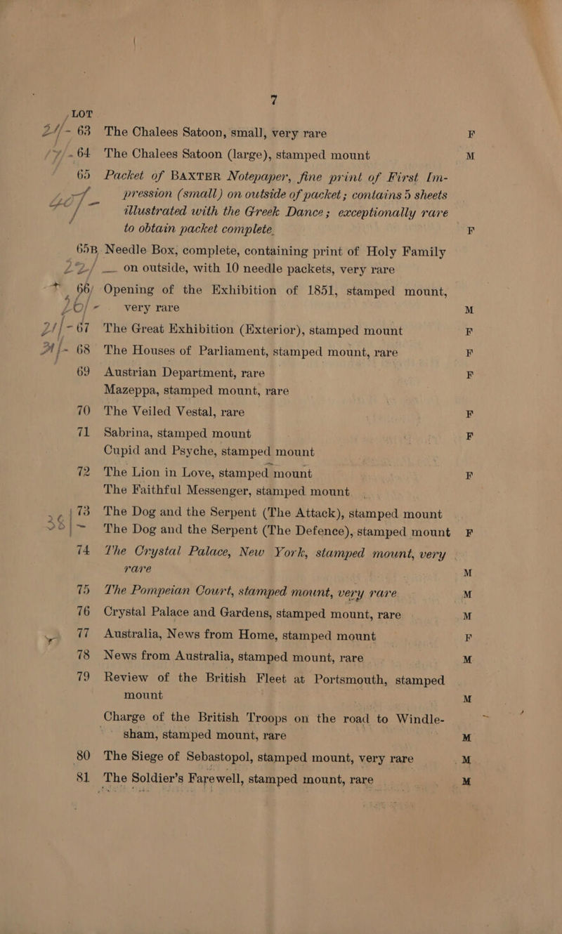 80 81 7 The Chalees Satoon, small, very rare The Chalees Satoon (large), stamped mount Packet of BAXTER Notepaper, fine print of First Im- pression (small) on outside of packet ; contains 5 sheets illustrated with the Greek Dance; exceptionally rare to obtain packet complete. Opening of the Exhibition of 1851, stamped mount, very rare The Great Exhibition (Exterior), stamped mount The Houses of Parliament, stamped mount, rare Mazeppa, stamped mount, rare The Veiled Vestal, rare Sabrina, stamped mount Cupid and Psyche, stamped mount The Lion in Love, stamped mount The Faithful Messenger, stamped mount The Dog and the Serpent (The Attack), stamped mount The Dog and the Serpent (The Defence), stamped mount rare The Pompeian Court, stamped mount, very rare Crystal Palace and Gardens, stamped mount, rare Australia, News from Home, stamped mount News from Australia, stamped mount, rare a Review of the British Fleet at Portsmouth, stamped mount sham, stamped mount, rare The Siege of Sebastopol, stamped mount, very rare = ee - ae > ae wz